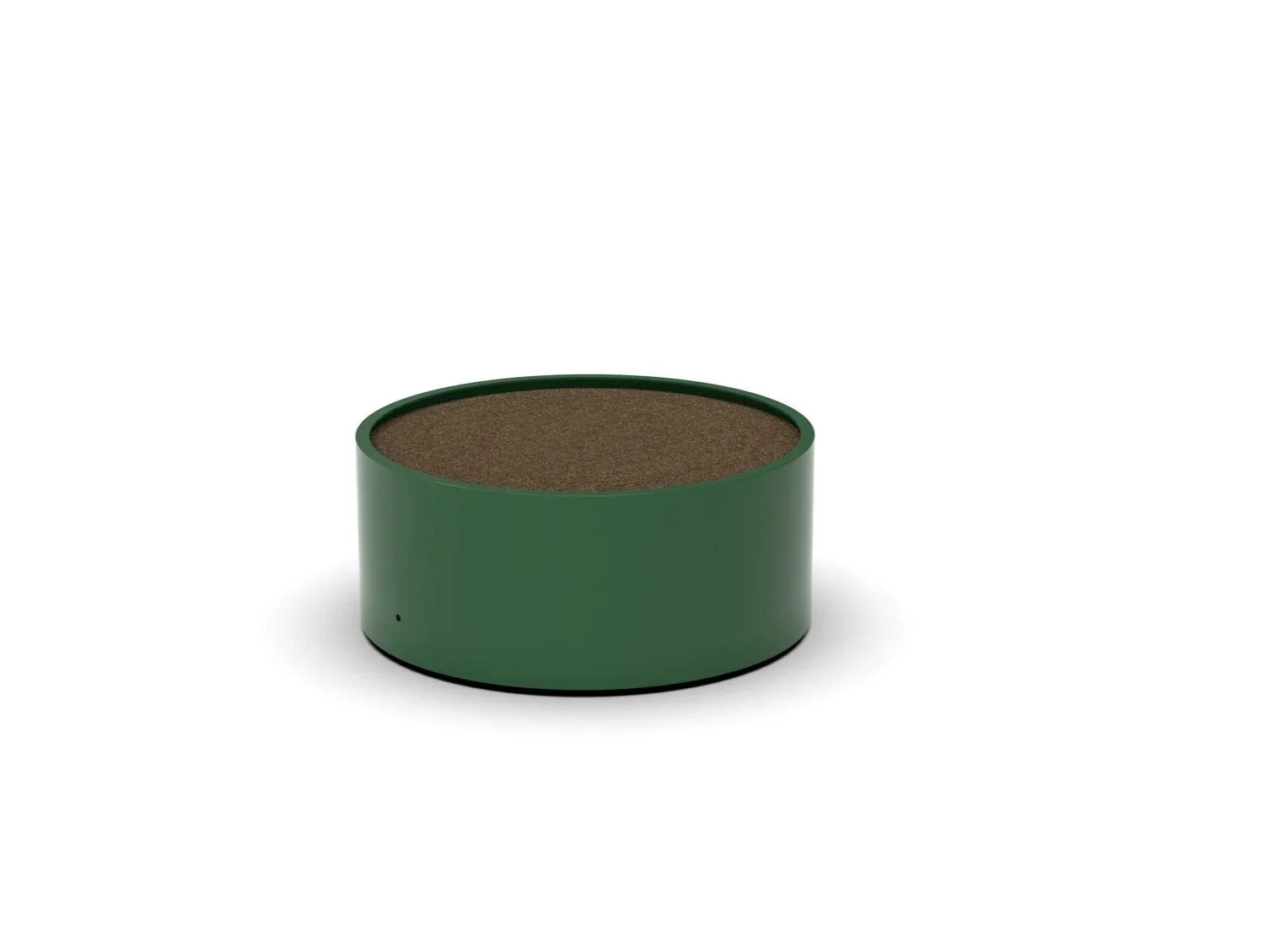 A round, green, metal container filled with soil, placed on a white background.