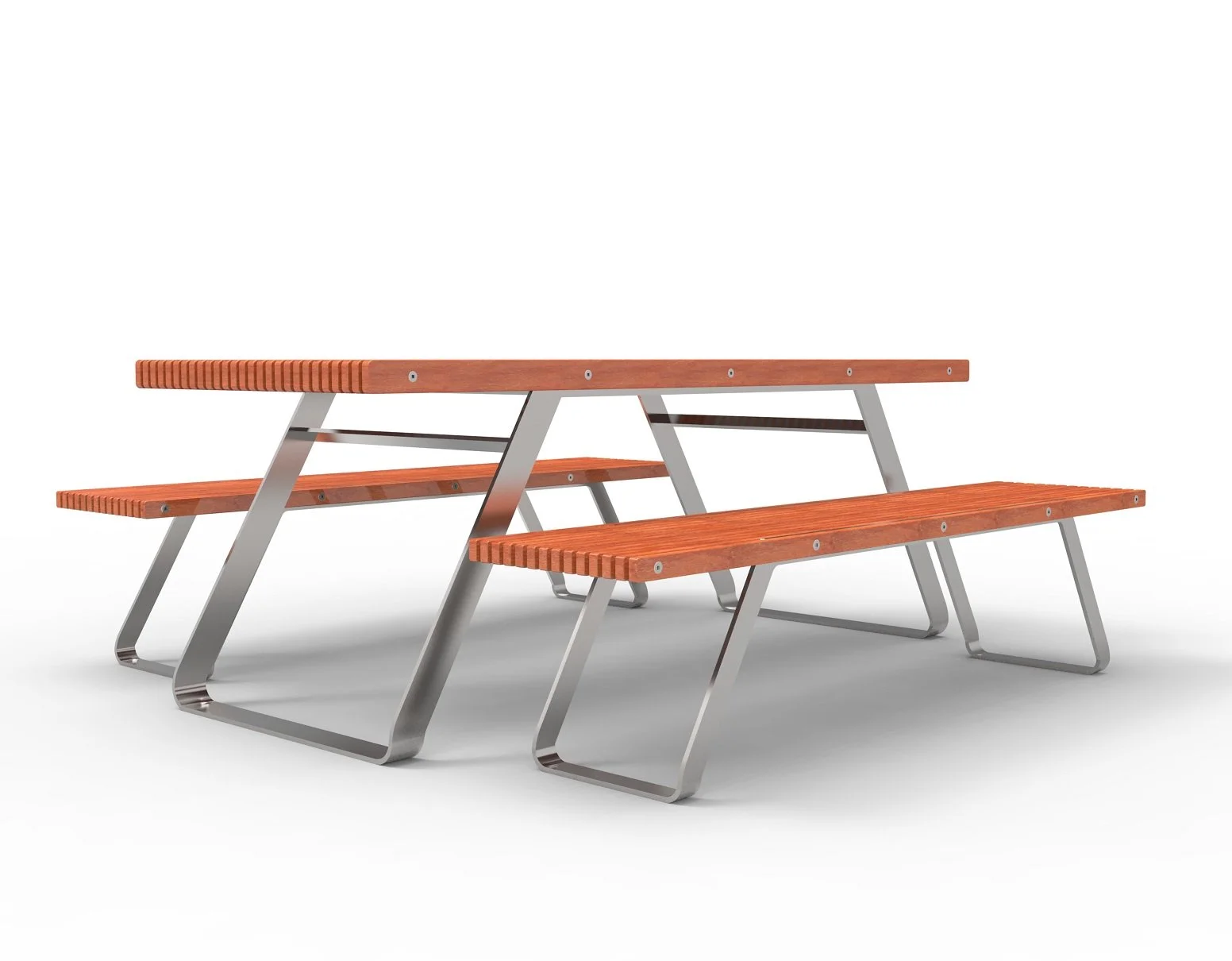 A wooden picnic table with metal legs against a plain white background.