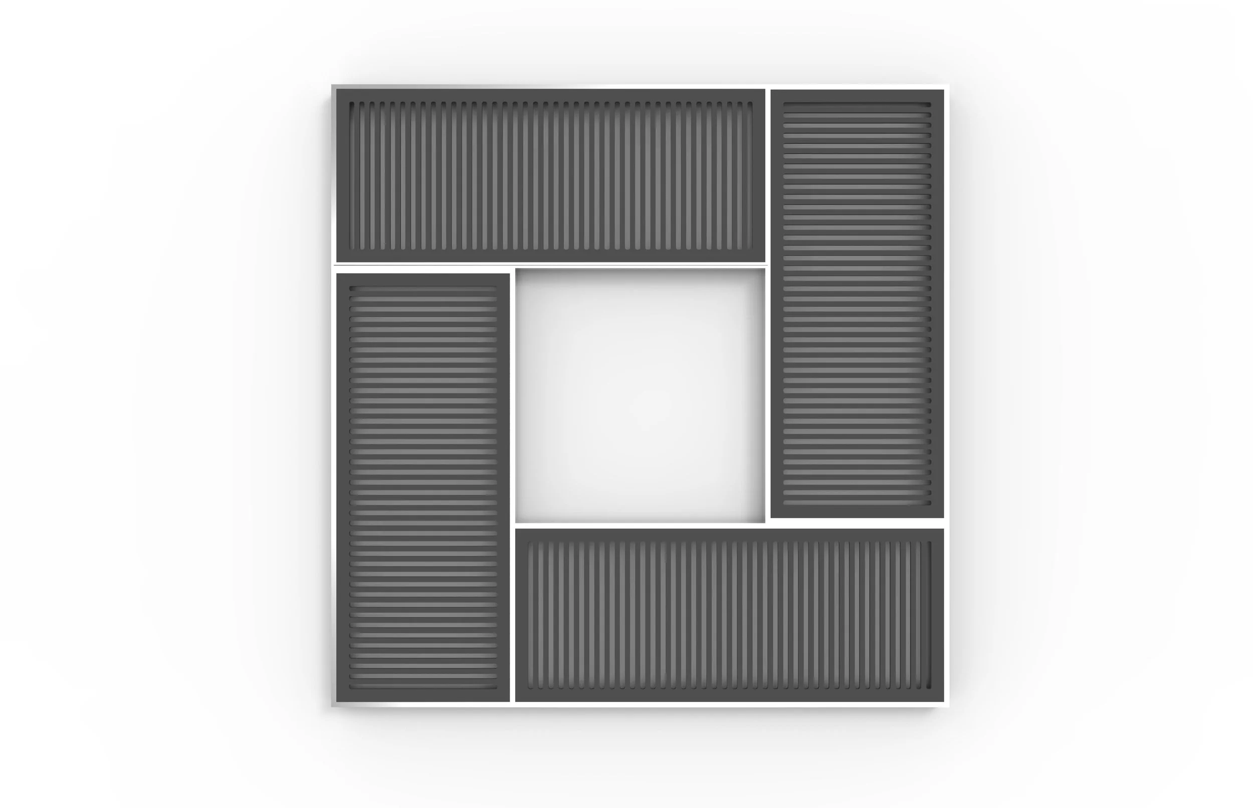 A black louver type tree grate arranged in a rectangular pattern on a white background.