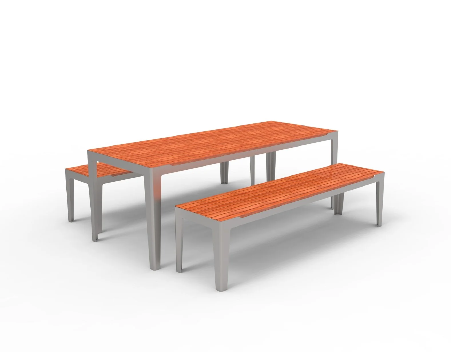 Three-piece outdoor furniture set with a rectangular table and two benches, all with silver metal frames and wooden slats, on a plain white background.
