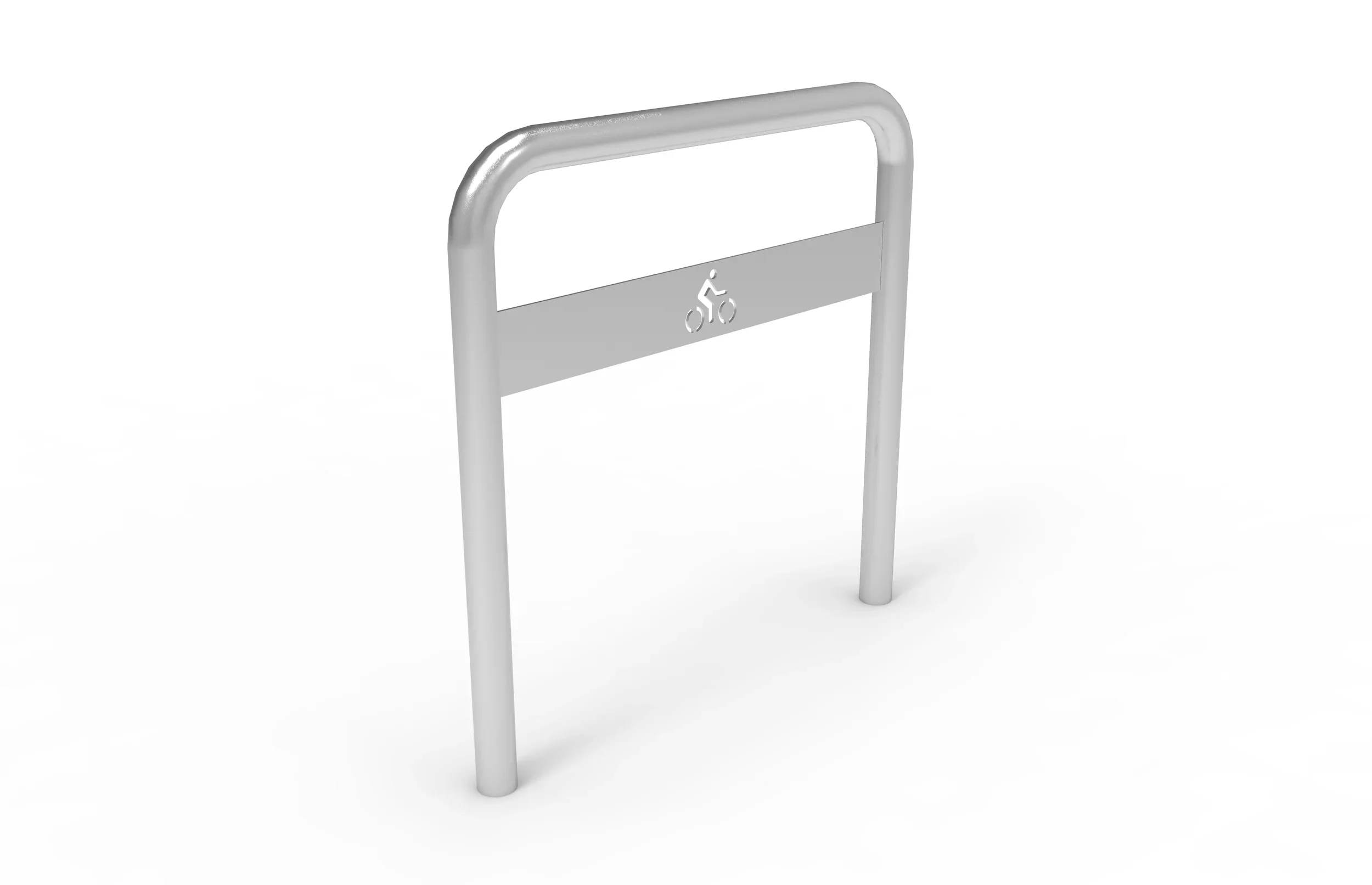 A bike lane divider made of metal with a bike symbol and a horizontal bar.