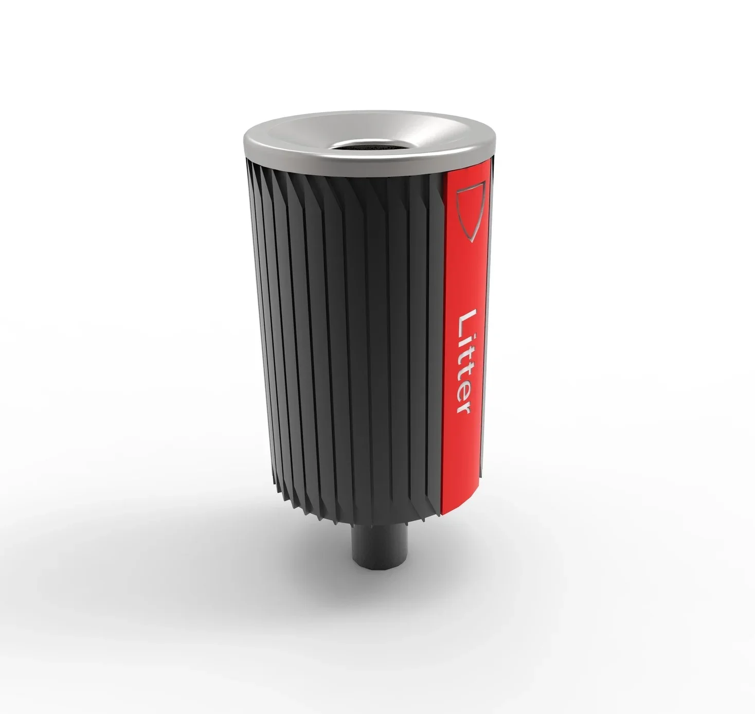 A modern rubbish bin with a black exterior, silver lid, and a red section labeled 'Litter' in white text.
