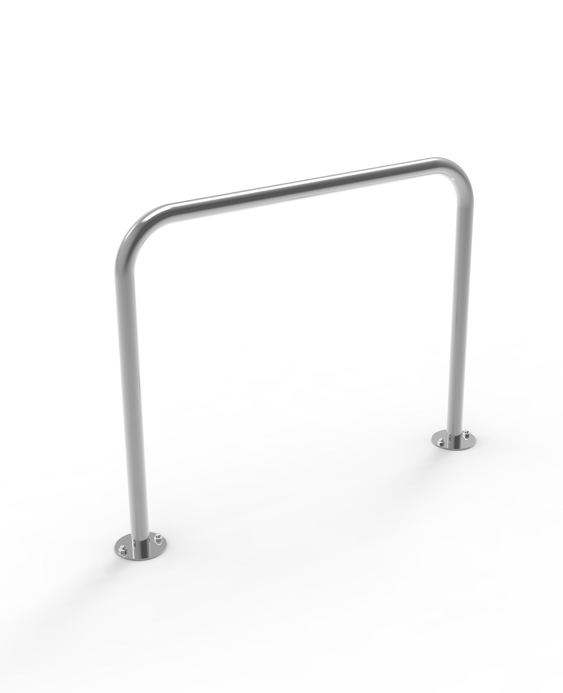 Silver metal bike rack with two mounting plates on a white background.