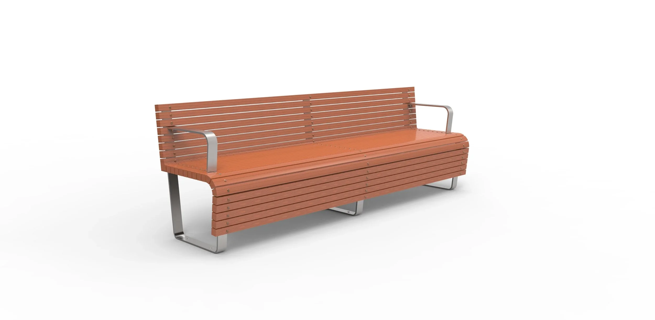 A wooden park bench with metal armrests and legs, set against a plain white background.