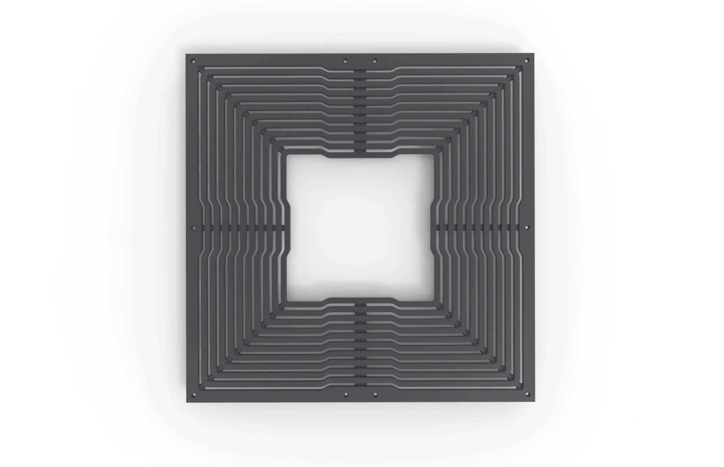A modern electric radiator heater with a rectangular metal frame and evenly spaced horizontal heating elements, mounted against a plain white wall.
