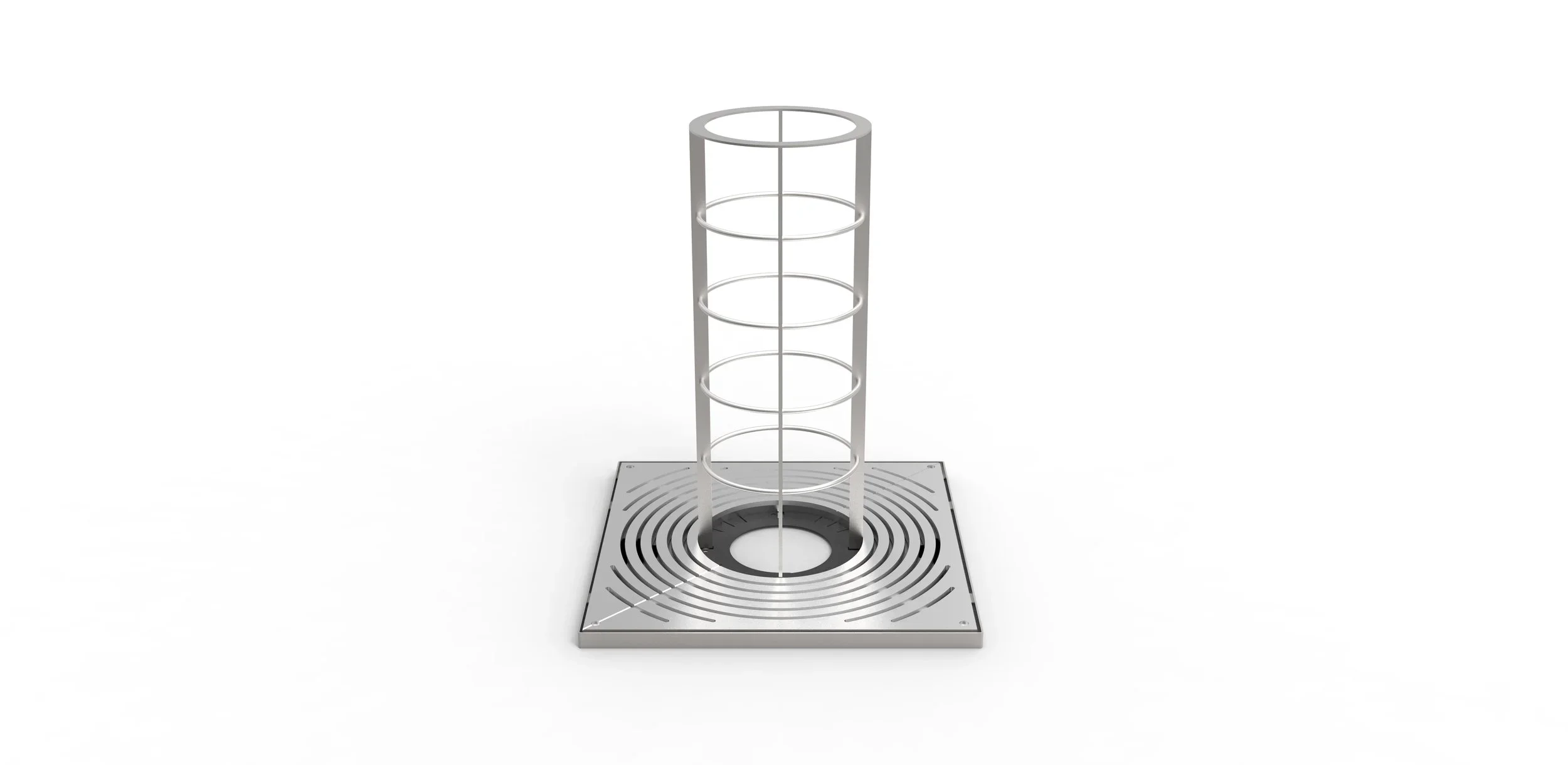 A modern, white, cylindrical metal plant stand with multiple circular shelves, positioned on a square metal grid base, against a plain white background.