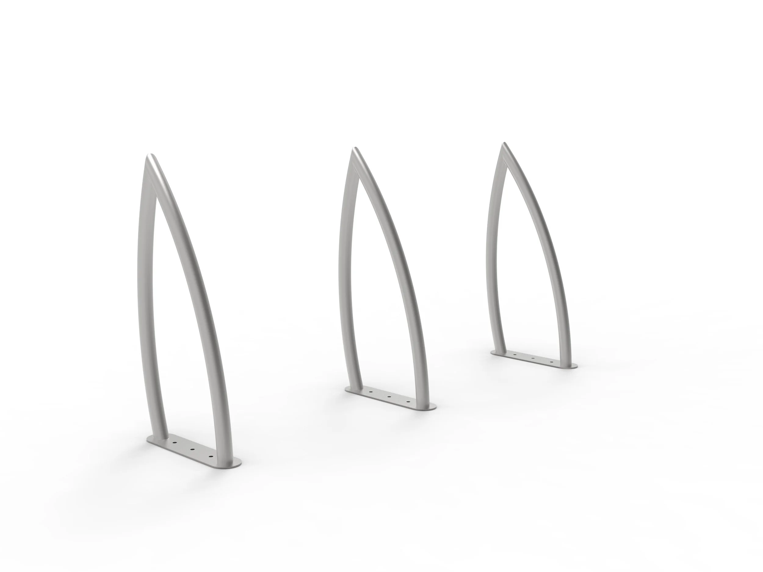 Three metal bike racks with curved top bars arranged in a row on a white background.