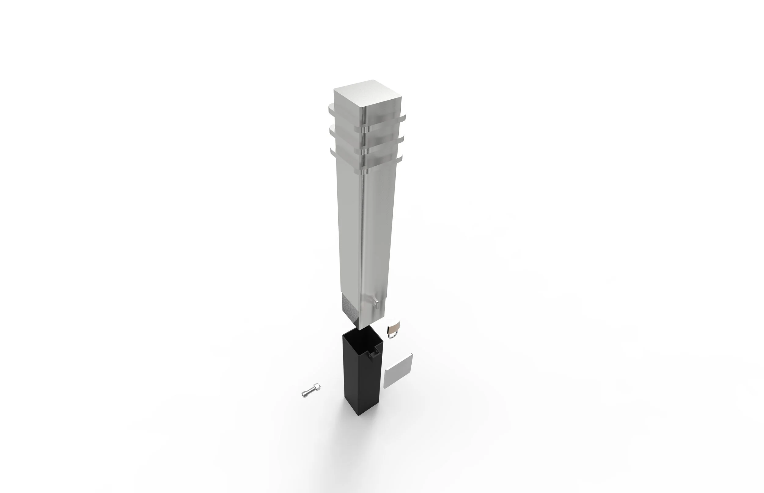 Exploded view of a silver and black mechanical or electronic device with screws and internal components.