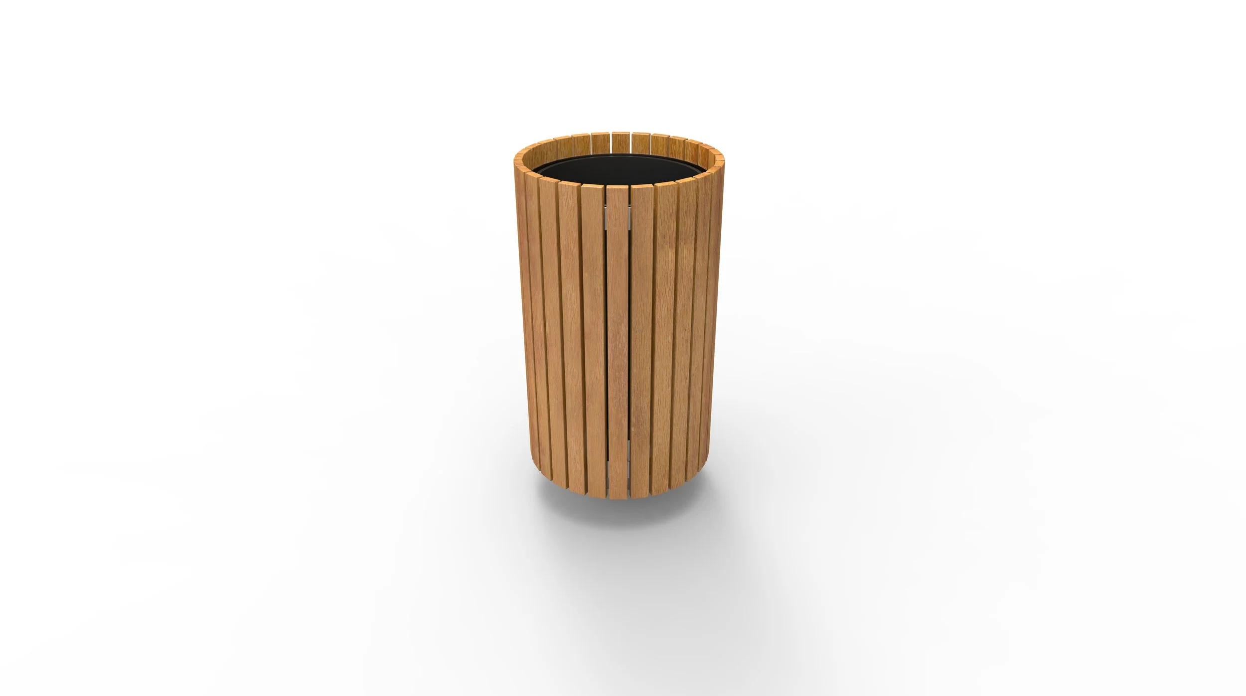 A cylindrical outdoor trash receptacle made of vertical wooden slats with a black interior lining, set against a plain white background.