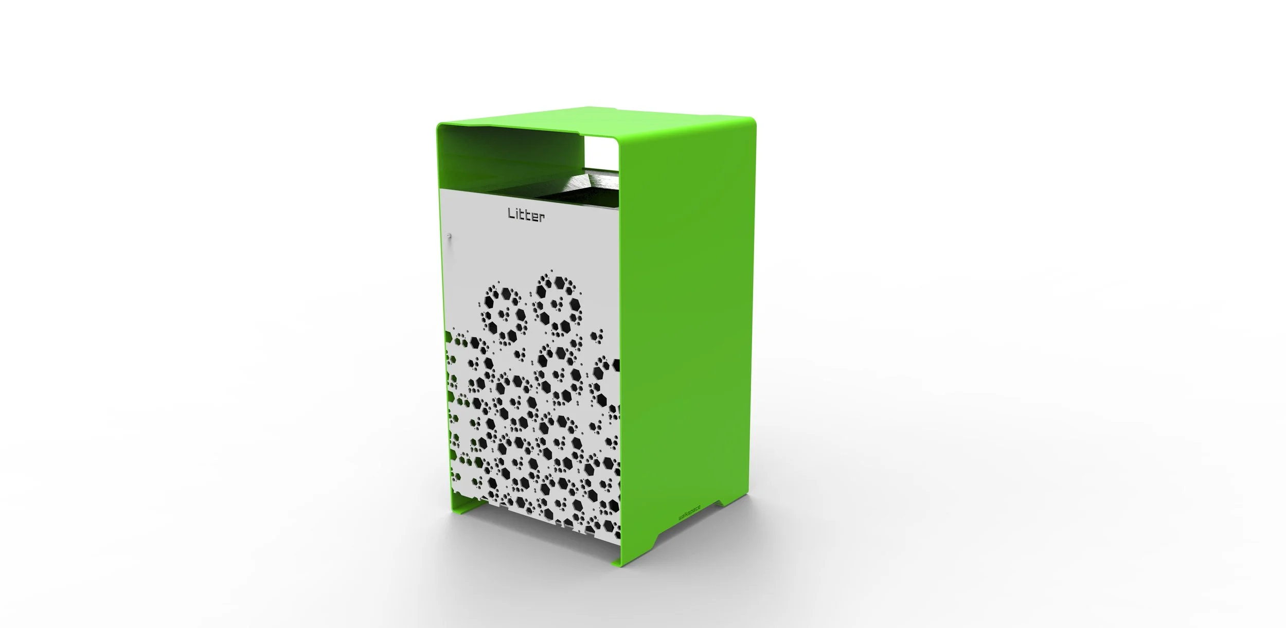 A modern green and white litter bin with a decorative pattern on the front, labeled 'Litter' at the top, standing on a plain white background.
