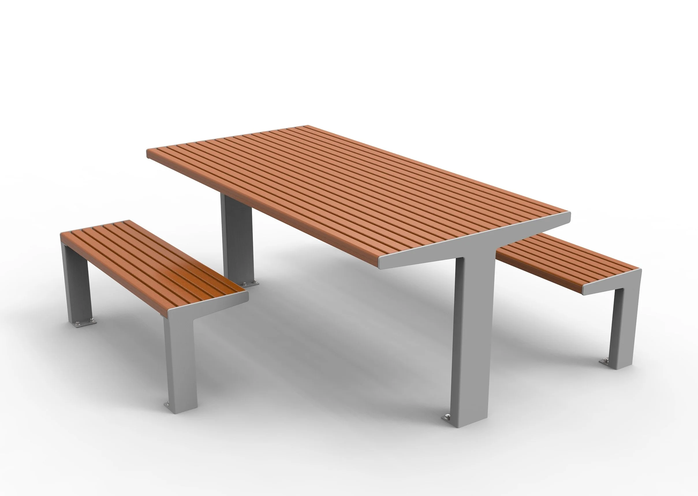 A modern outdoor picnic table with a rectangular slatted wood top and matching benches, supported by metal legs.