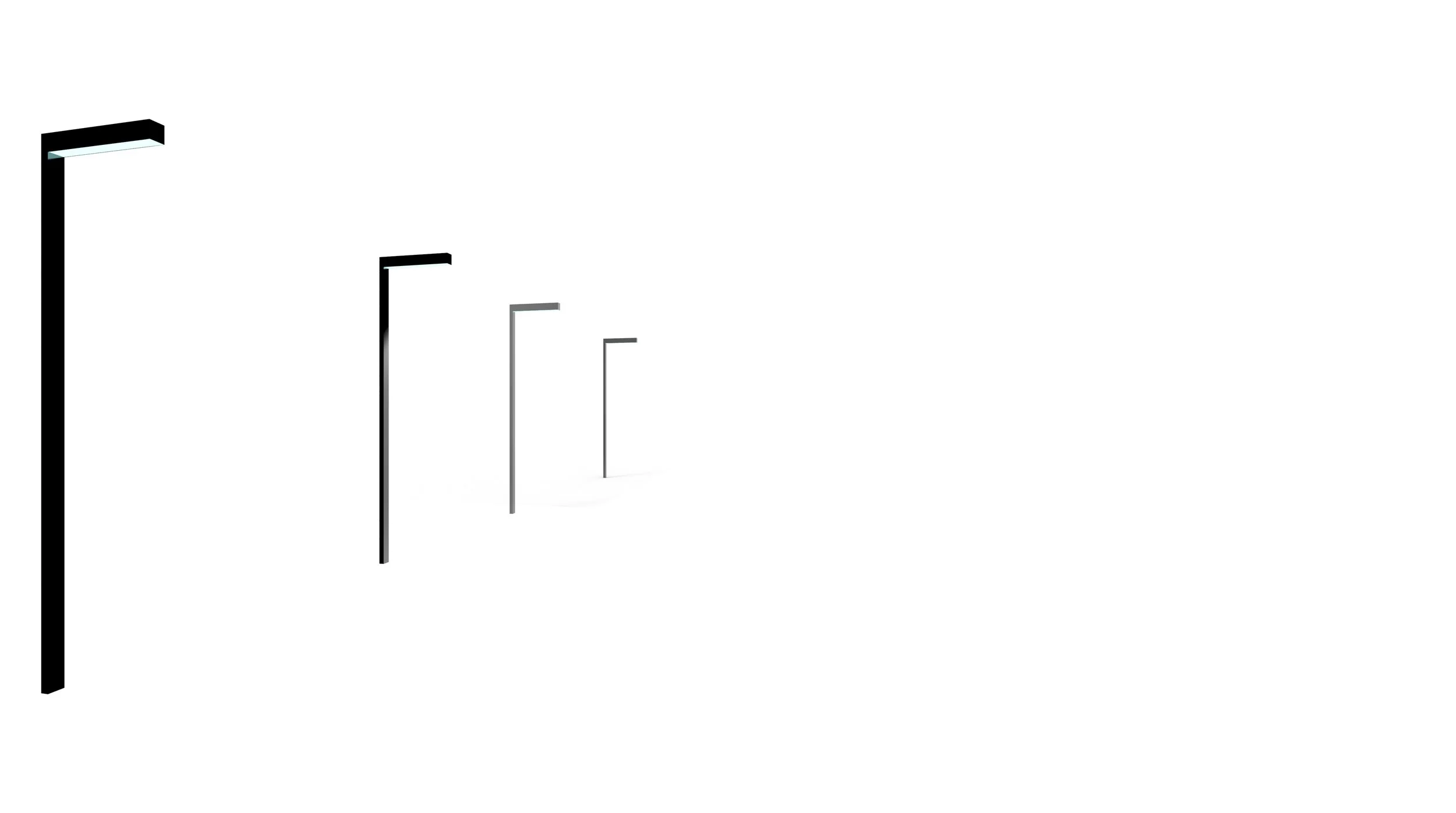 Series of modern streetlights in a line against a plain white background.