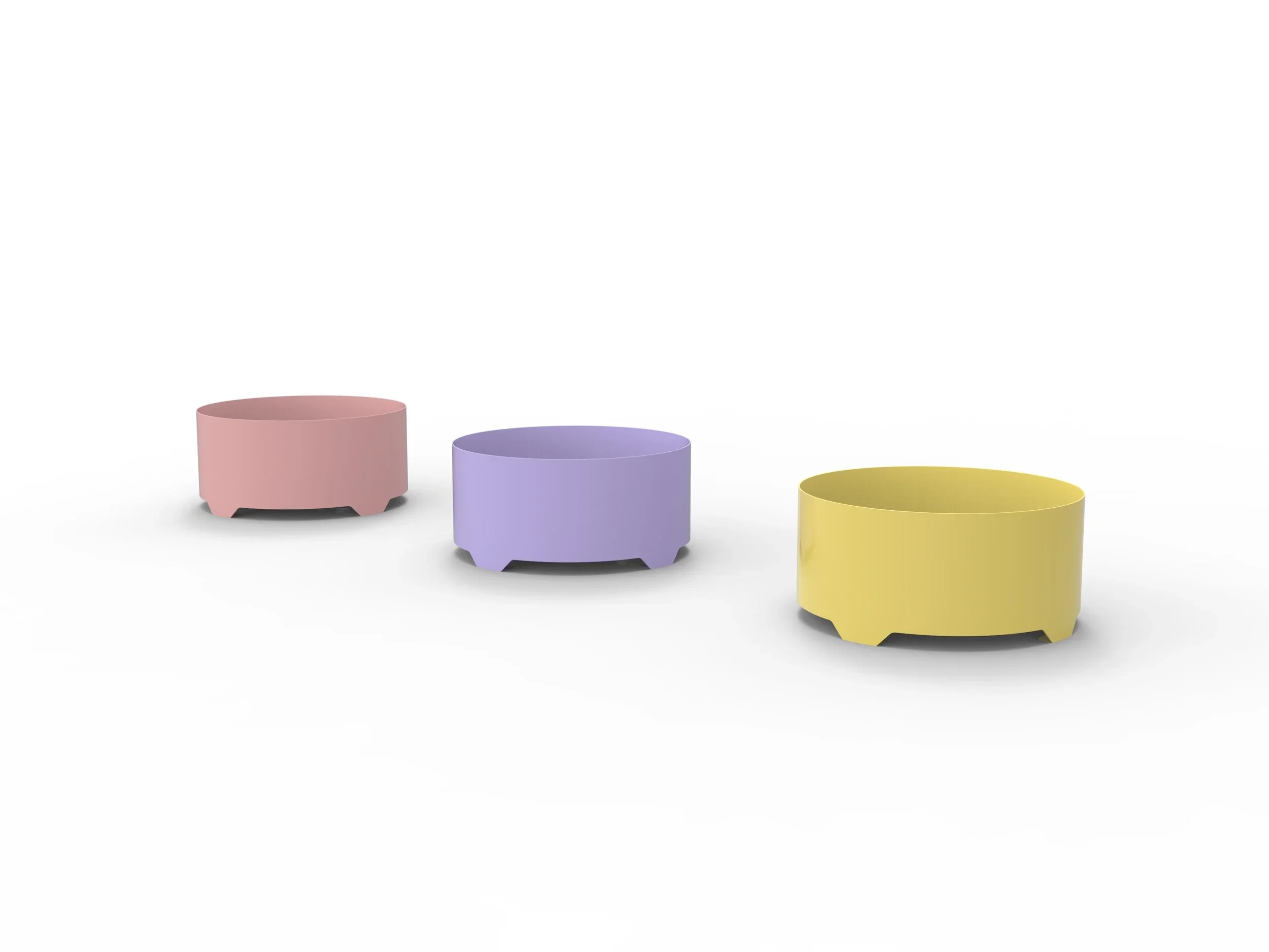 Four pastel-colored cylindrical containers, pink, purple, yellow, and blue, arranged in a line on a white background.