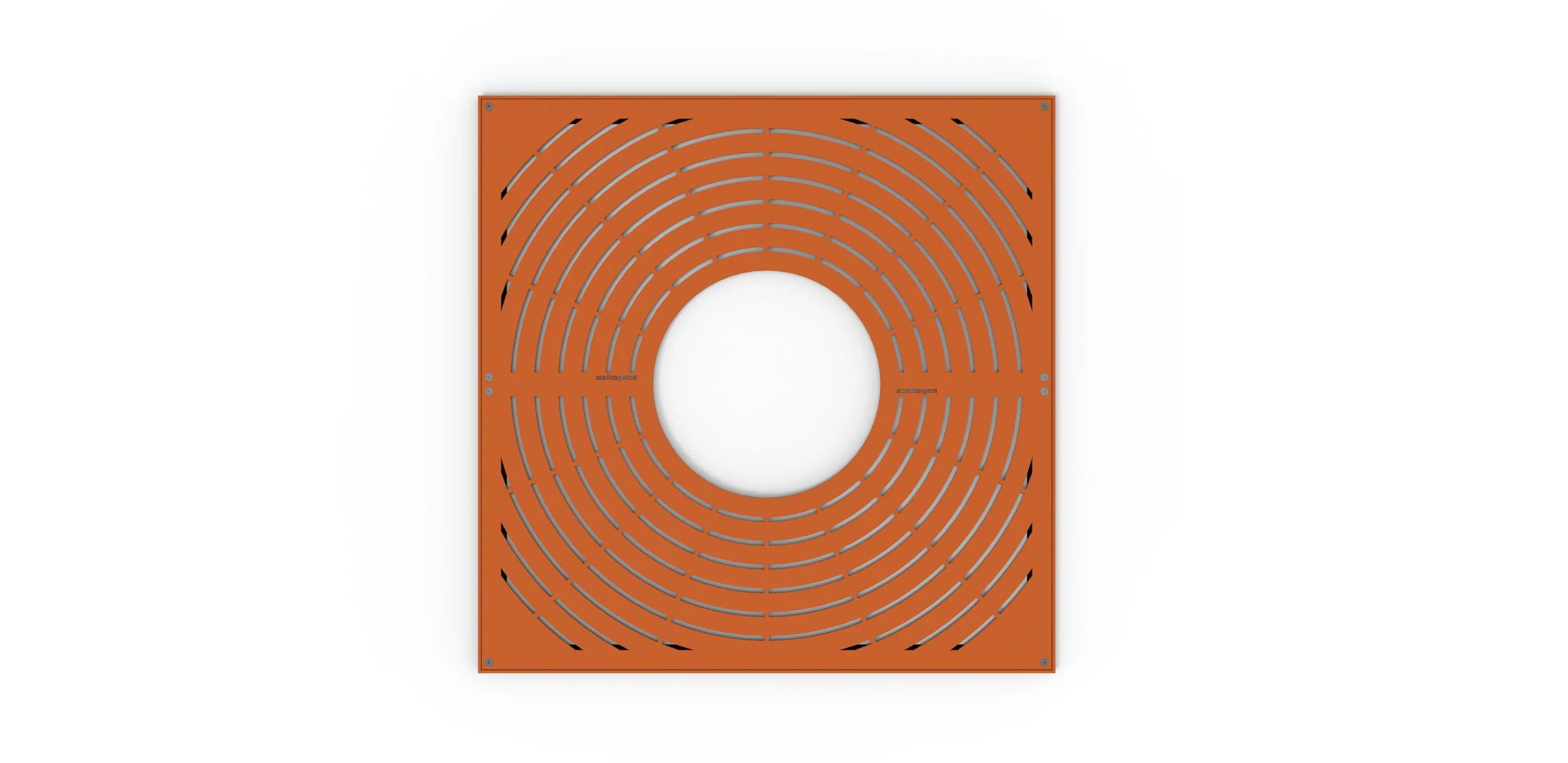 Orange circular grate with concentric semicircles and a central hole, mounted on a white background.