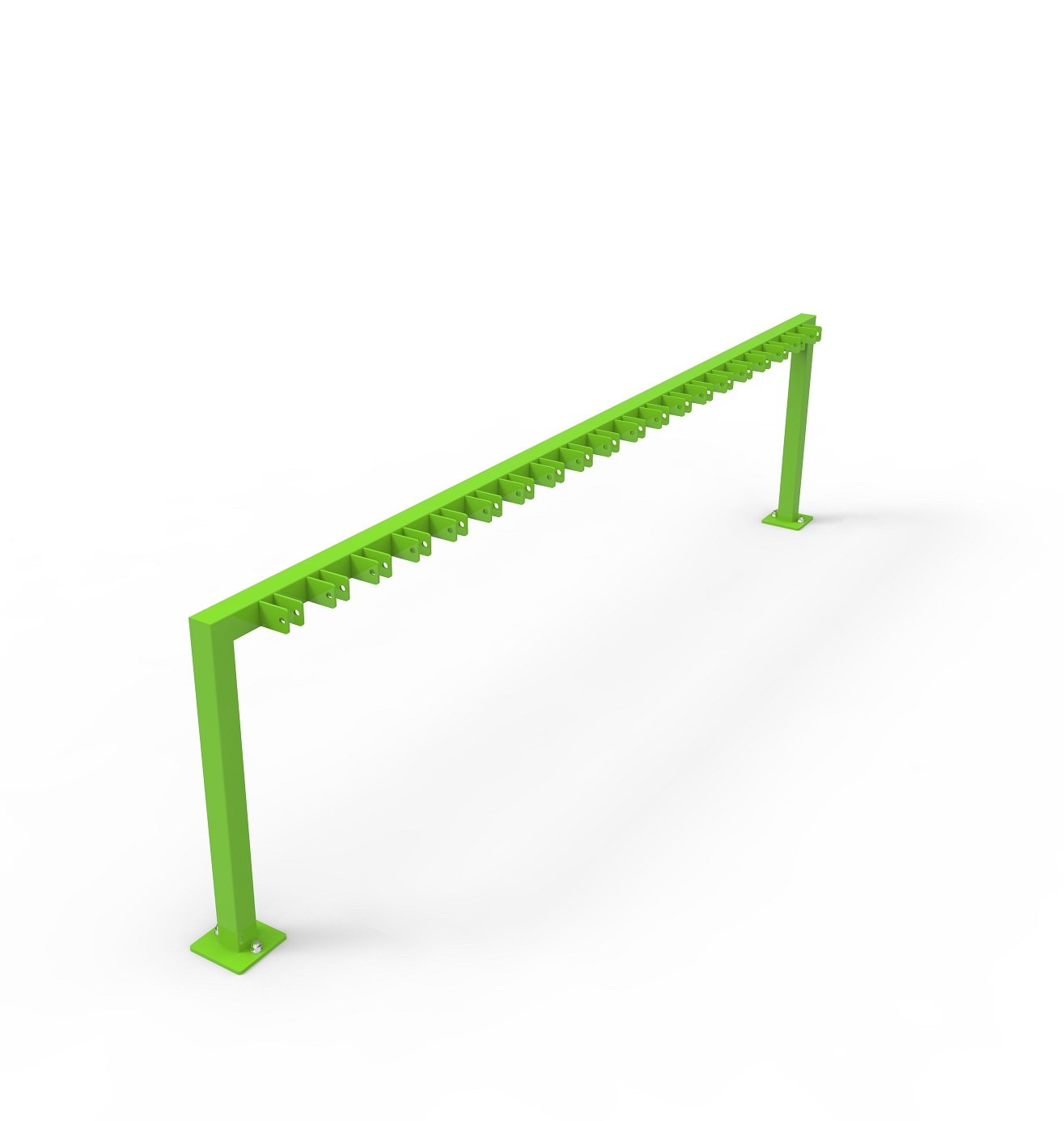 Green metal scooter rail, set against a white background, with mounting brackets on both ends.