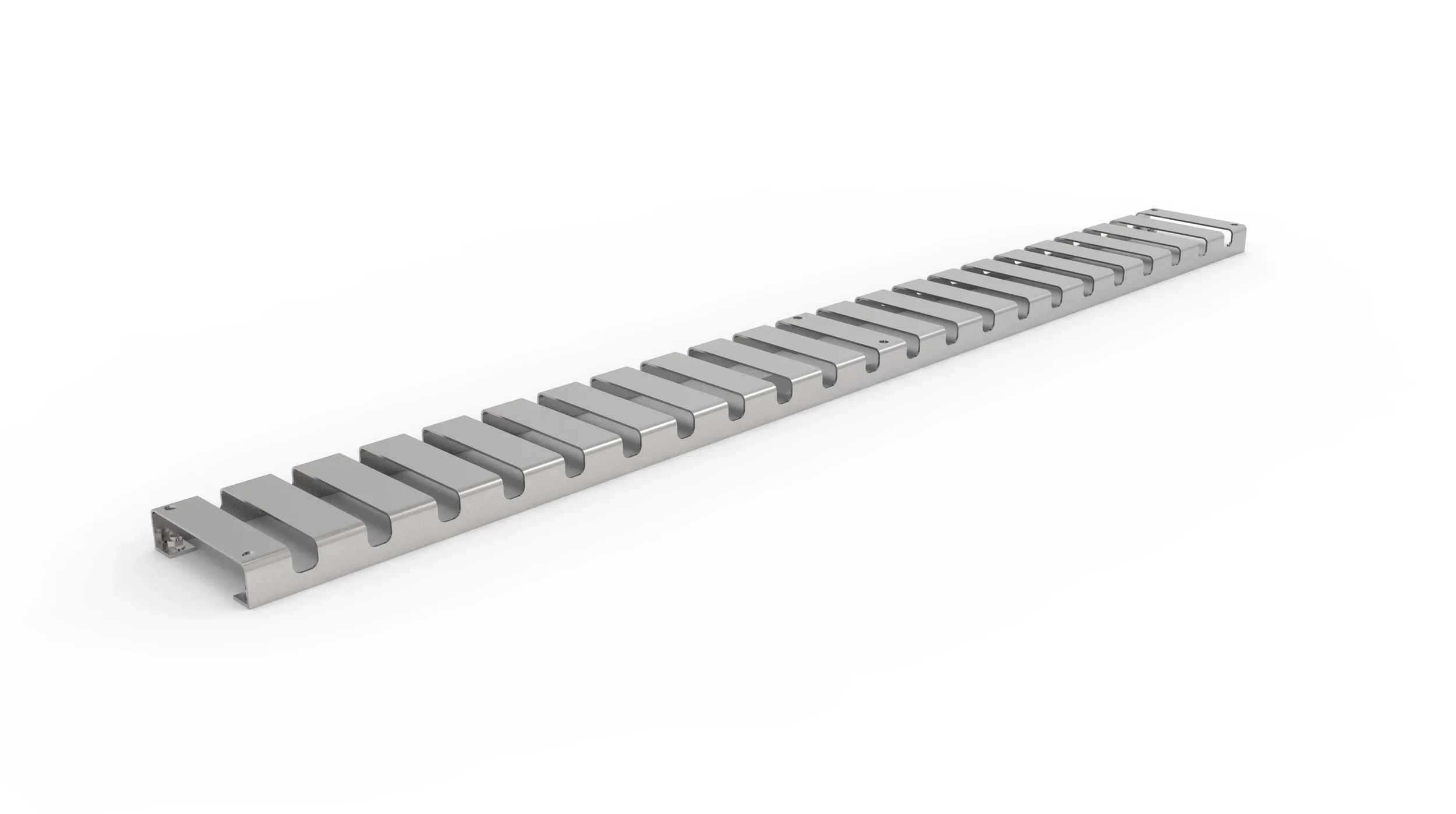 Steel scooter rack with flat steps and side rails resting on a white surface.