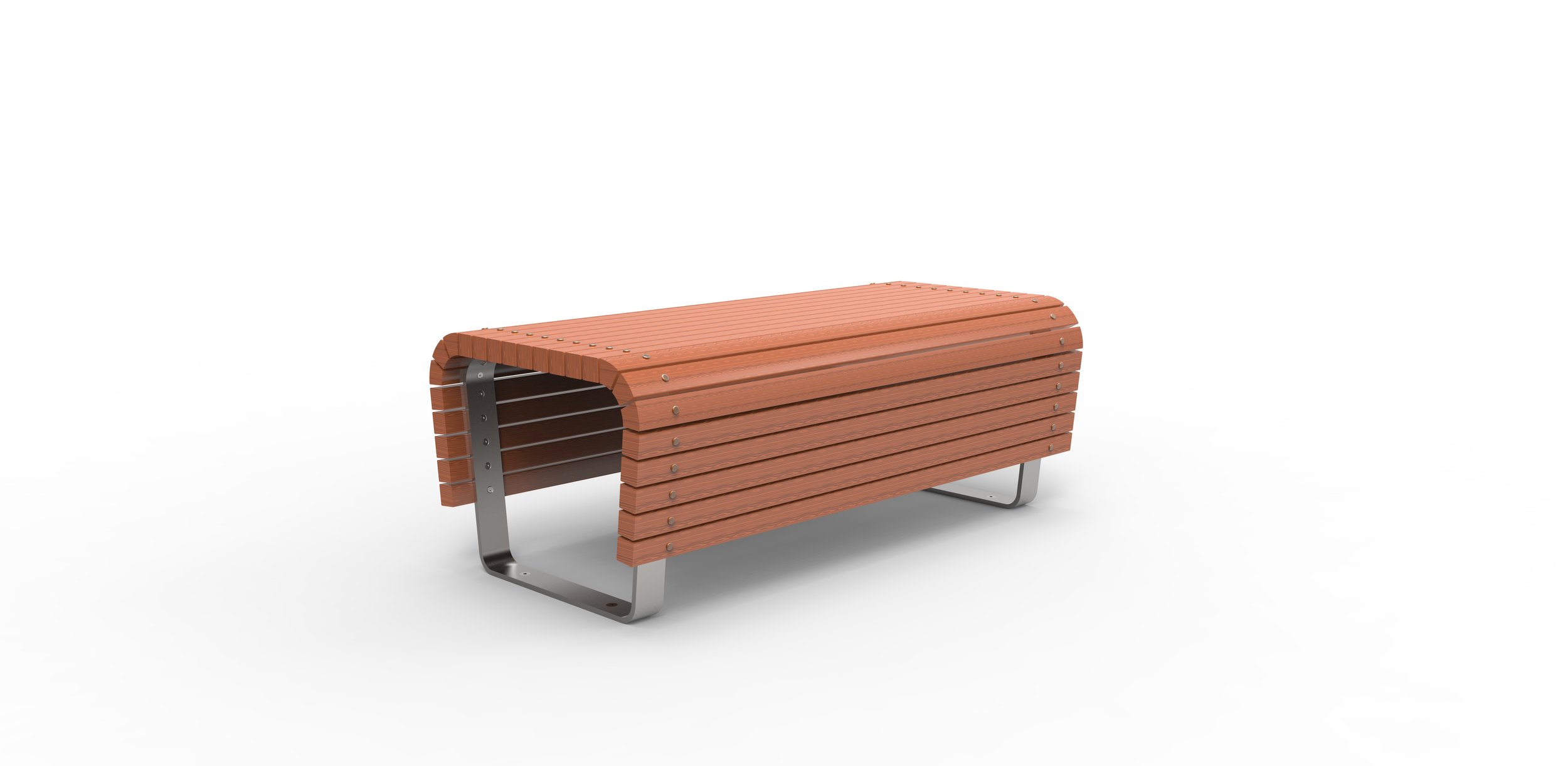 A modern outdoor bench with wooden slats and metal legs.