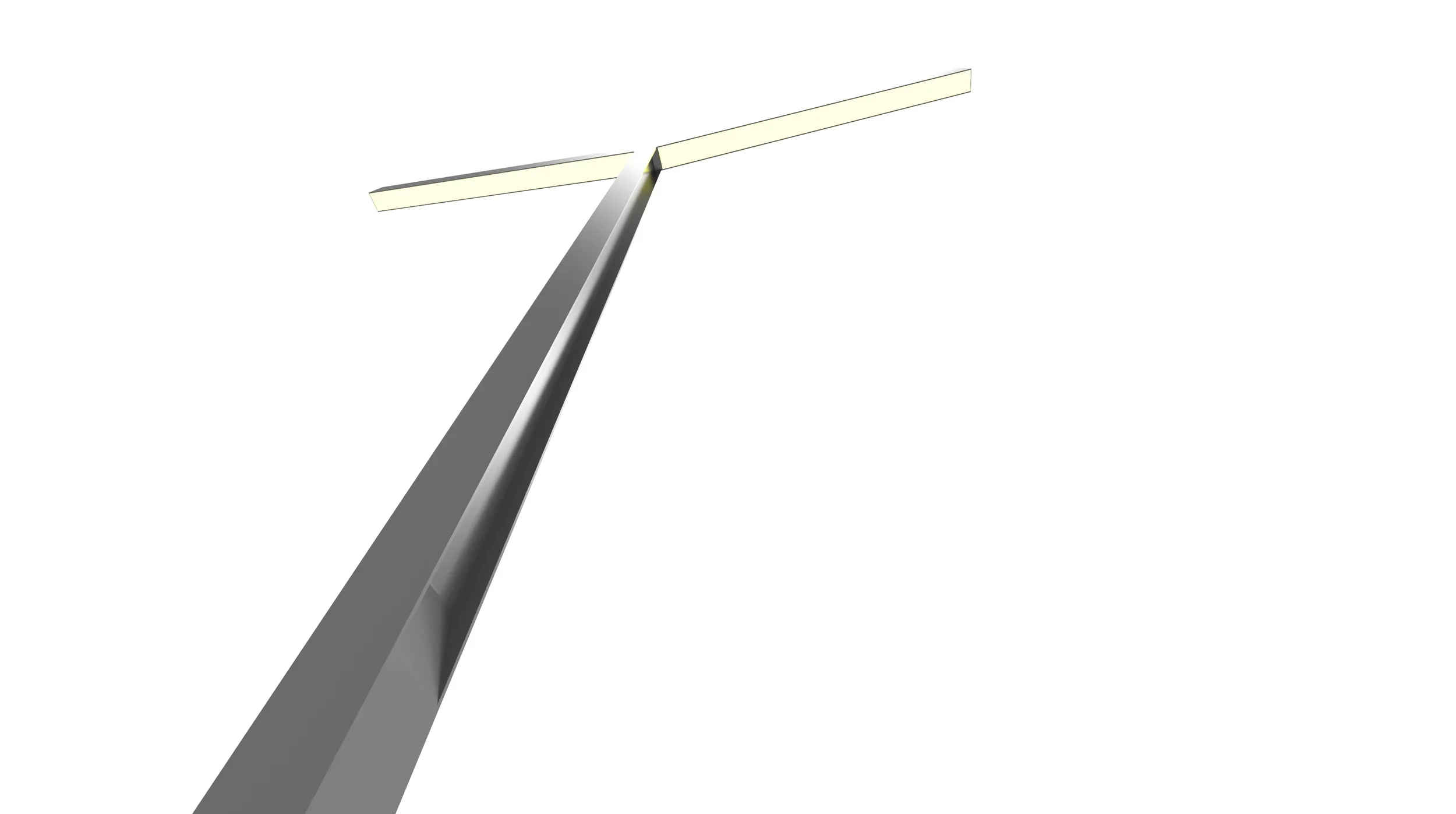 A tall, modern street lamp with a sleek metal pole and LED light fixtures at the top, seen from below against a white sky.