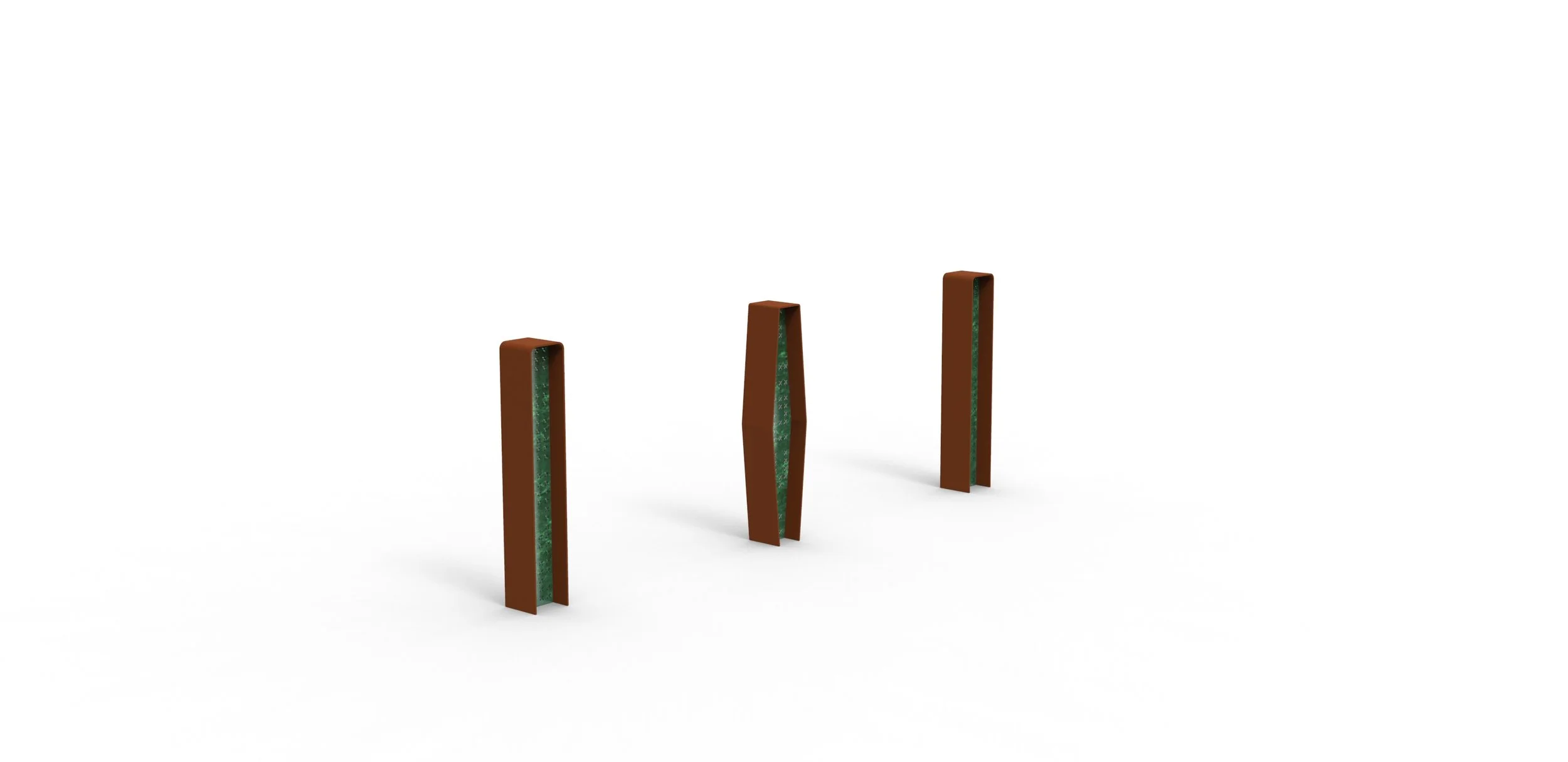 Three stylized park benches with brown outer frames and green patterned seating, evenly spaced on a white background.