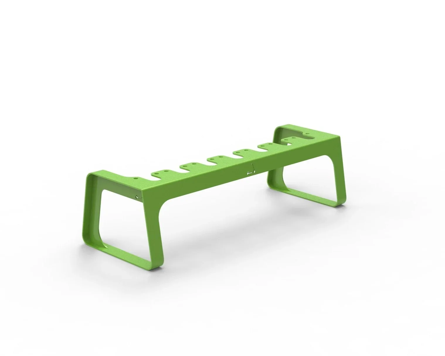 A green plastic bench with slots for children to sit, designed for outdoor use.