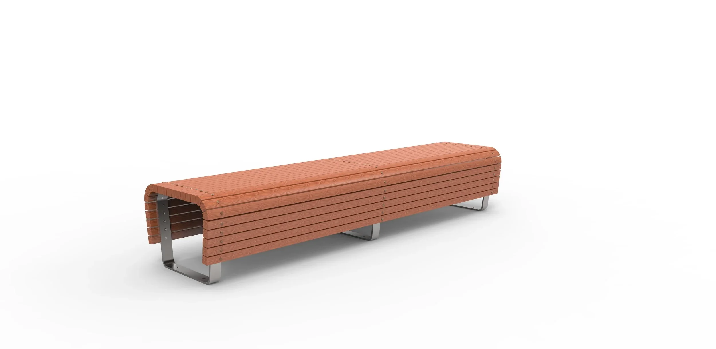 Modern wooden bench with metal supports on a plain white background.