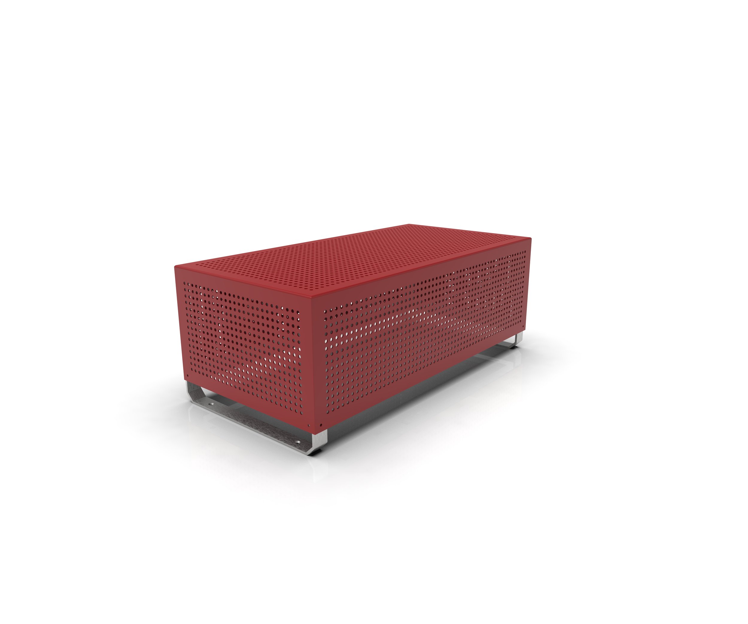 A modern rectangular red metal bench with perforated sides and a solid top, supported by gray metal legs, on a white background.
