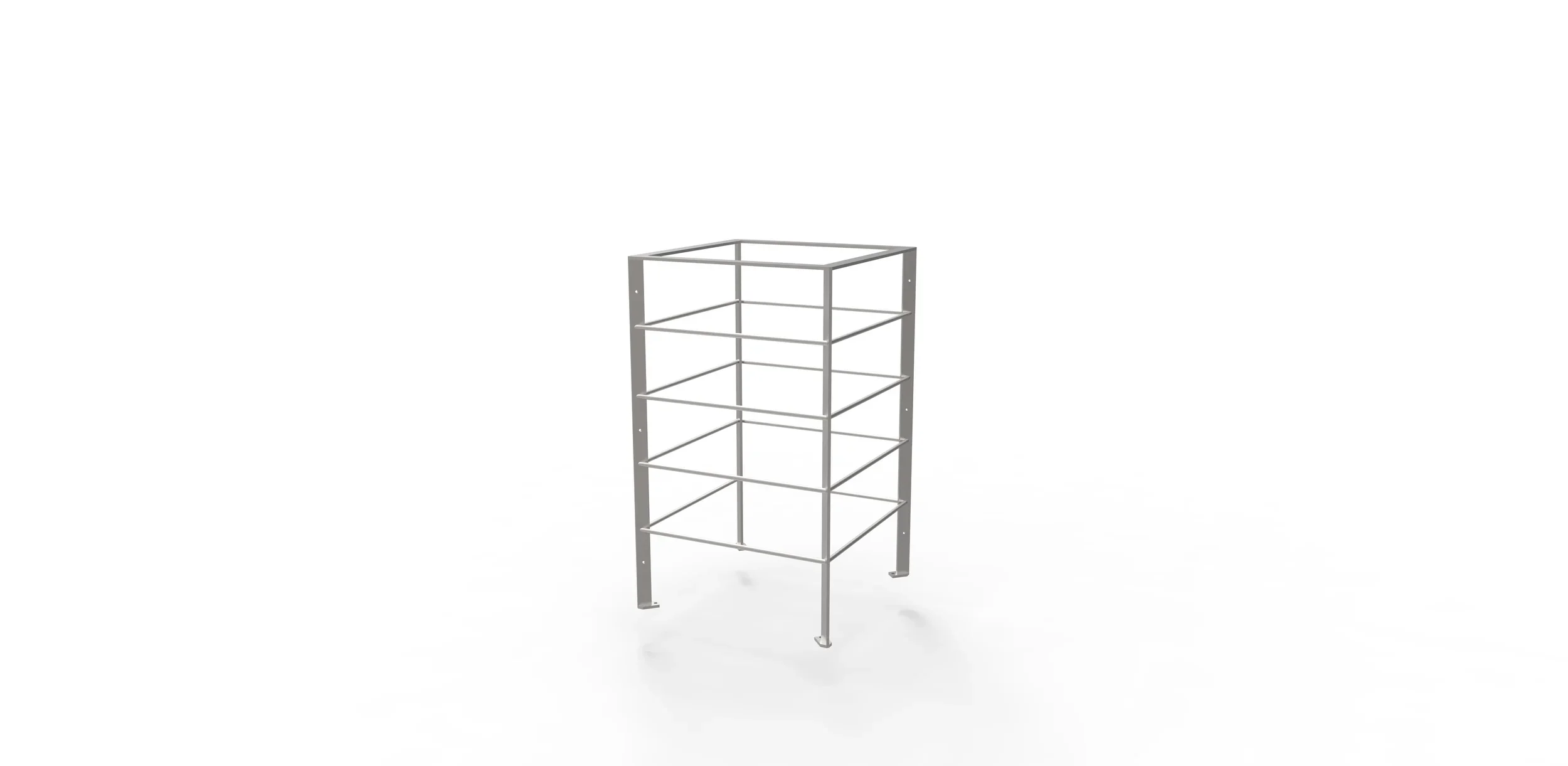 Metal shelving unit with five shelves, standing on a white background.