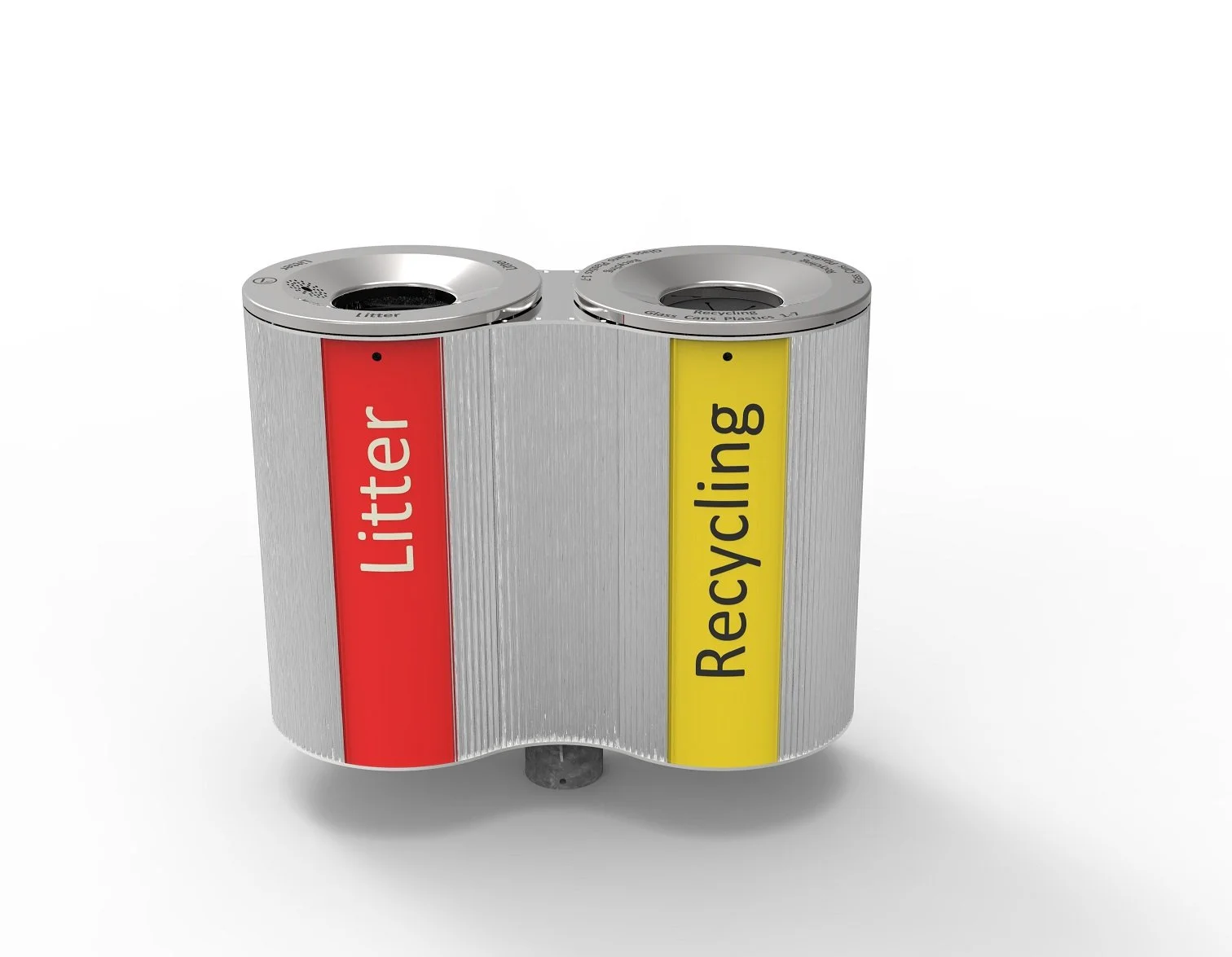 A dual trash and recycling bin with separate labeling, one side for litter and the other for recycling, made of metal with colored labels.