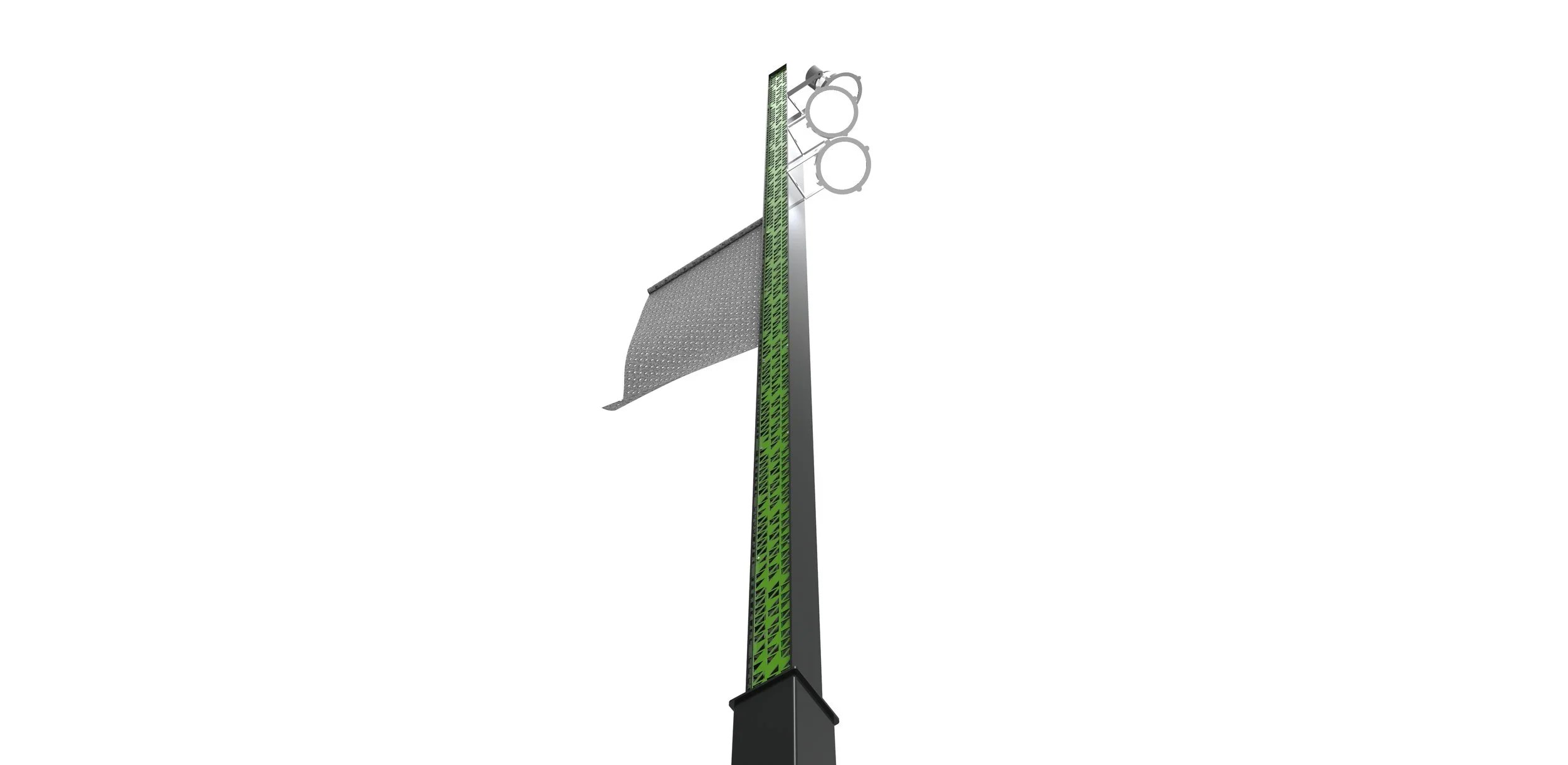 A tall street light pole with green measuring tape attached vertically along its length and a metal panel on one side.