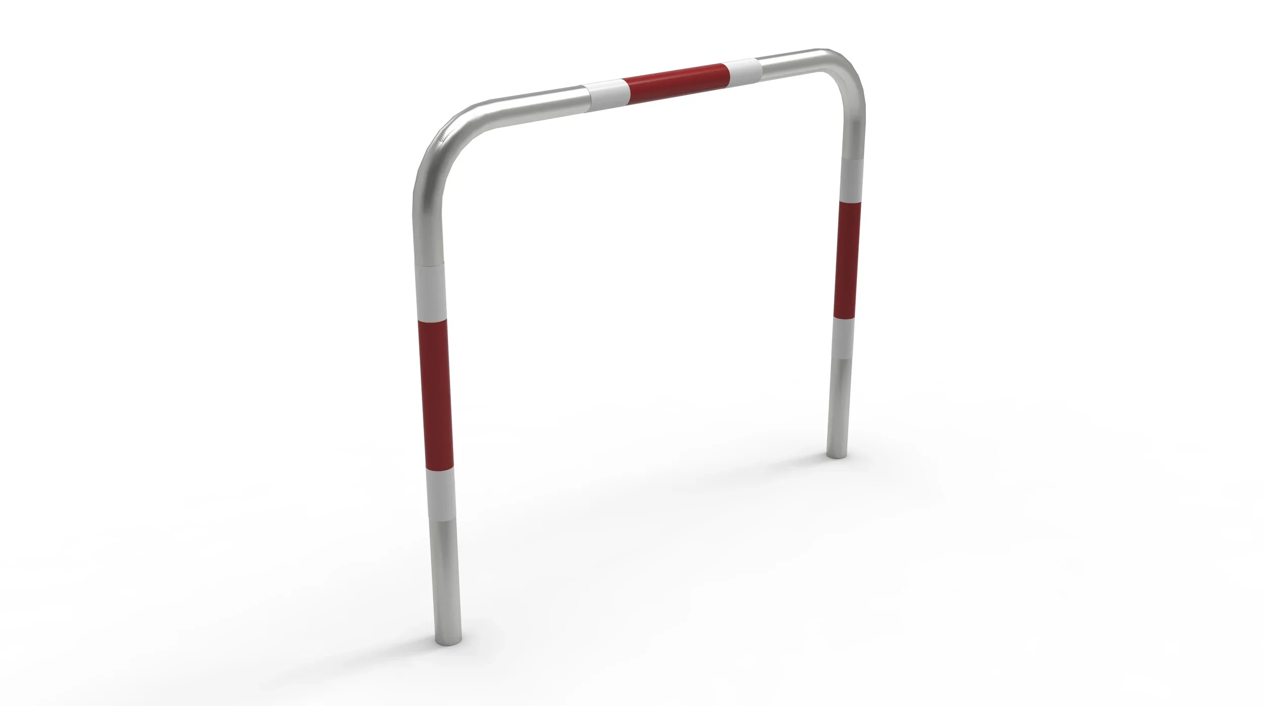 A metal barrier with red and white stripes against a plain white background.