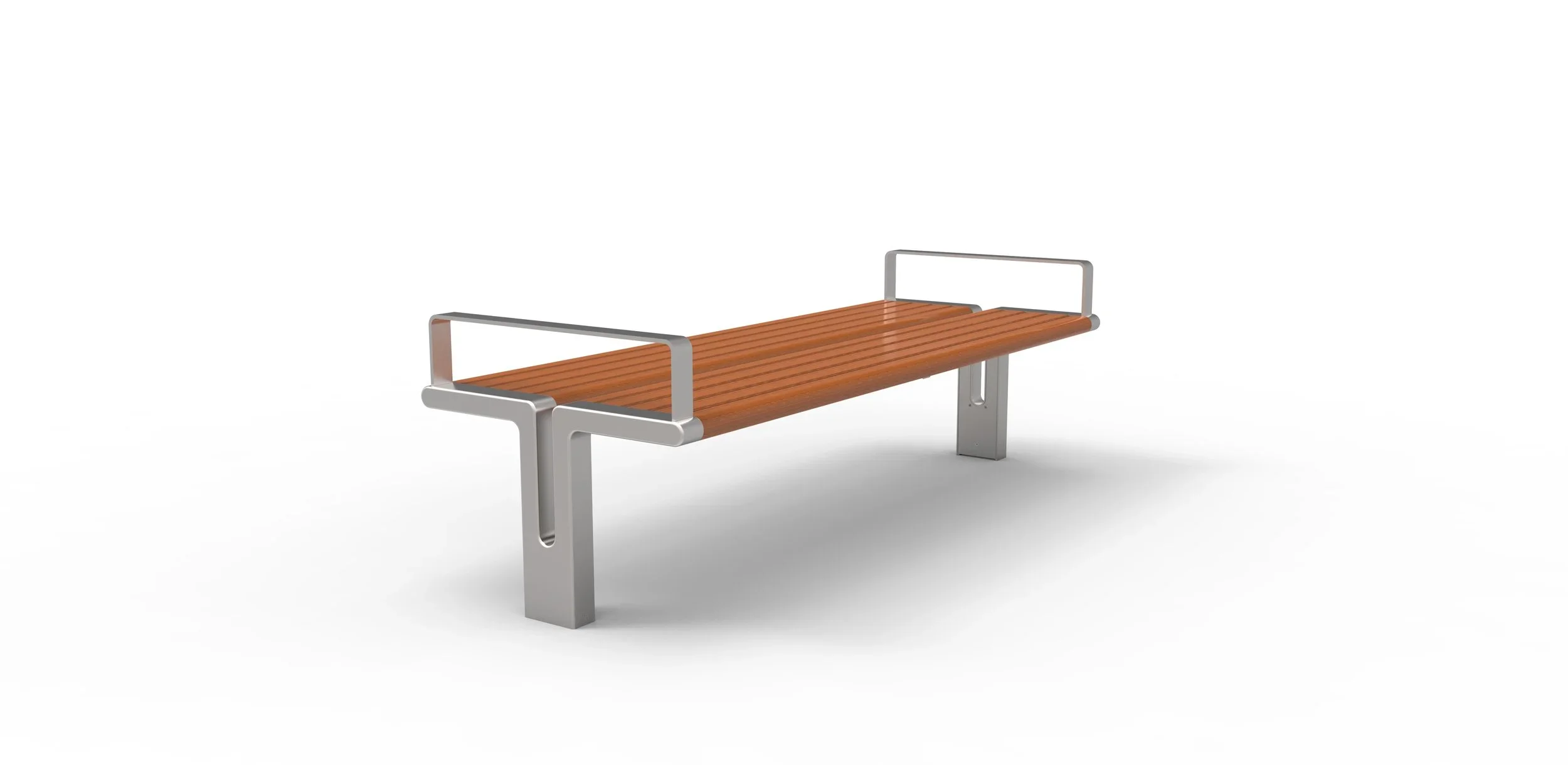 Empty park bench with wooden slats and metal armrests on a plain white background.