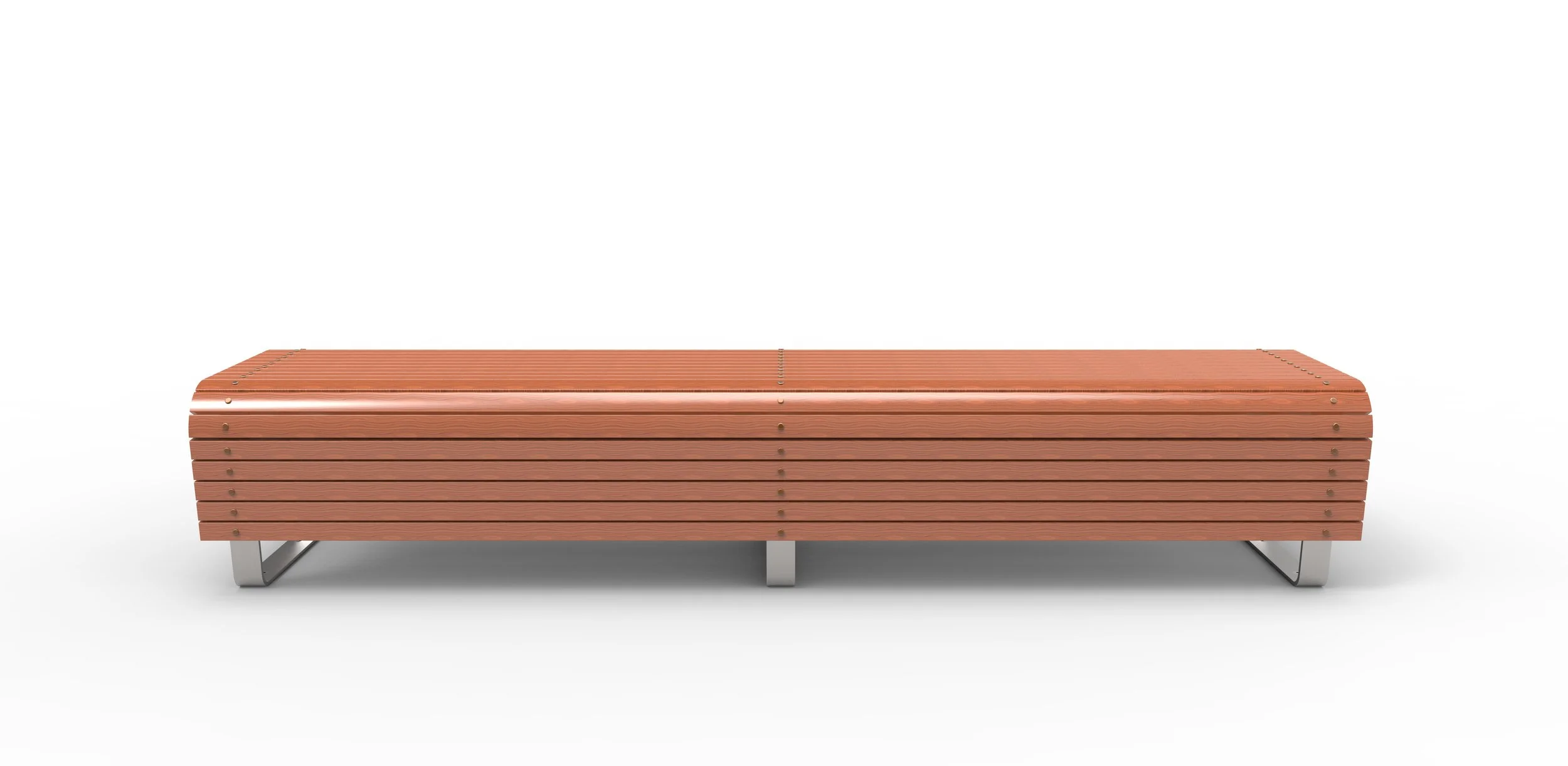 A modern, minimalist wooden bench with a slatted design and metal legs, set against a white background.