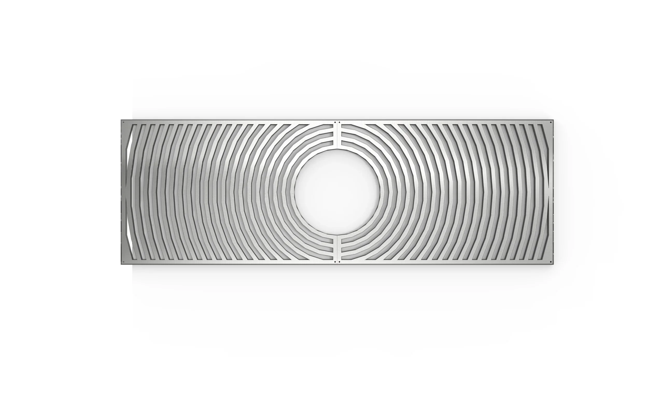 A rectangular metallic grate with concentric circular patterns and parallel lines, mounted on a white background.