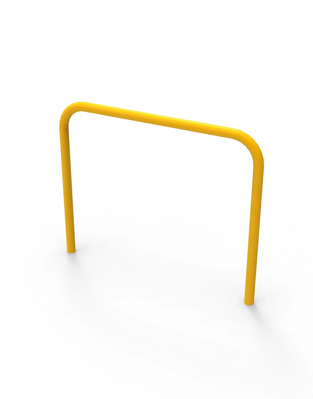 A yellow metal bike rack standing on a white background.