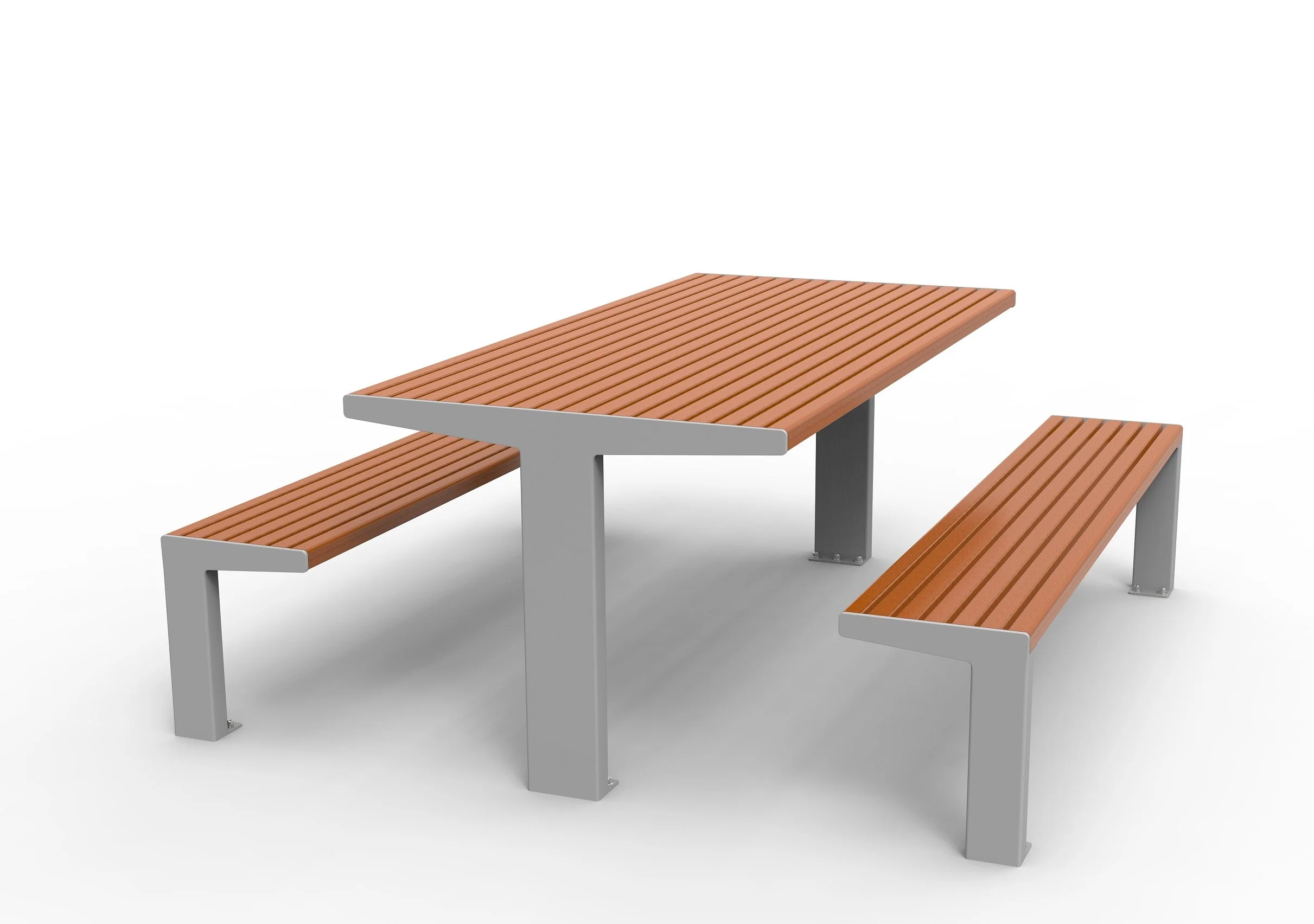 Modern picnic table with a light gray metal frame and wooden slats on the top and benches, set against a plain white background.