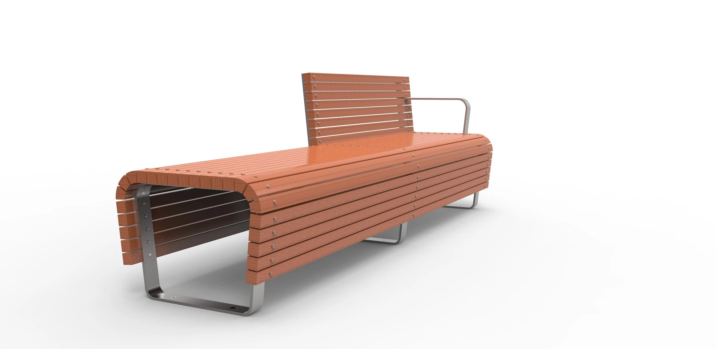 A modern outdoor bench with wooden slats and metal supports, featuring a unique curved design.