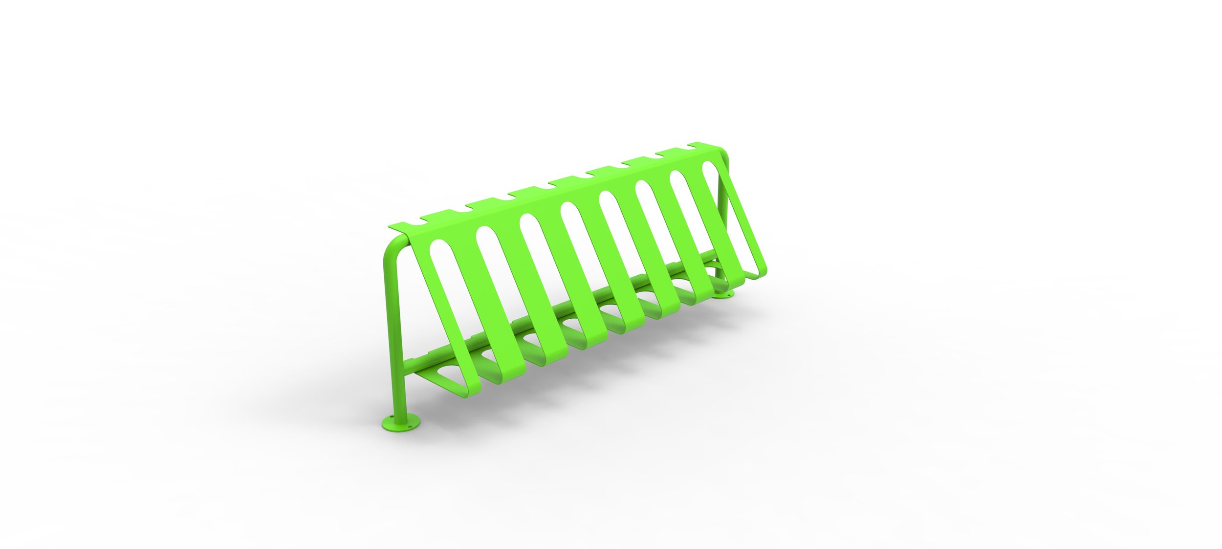 Green bike rack with multiple slots on a white background.