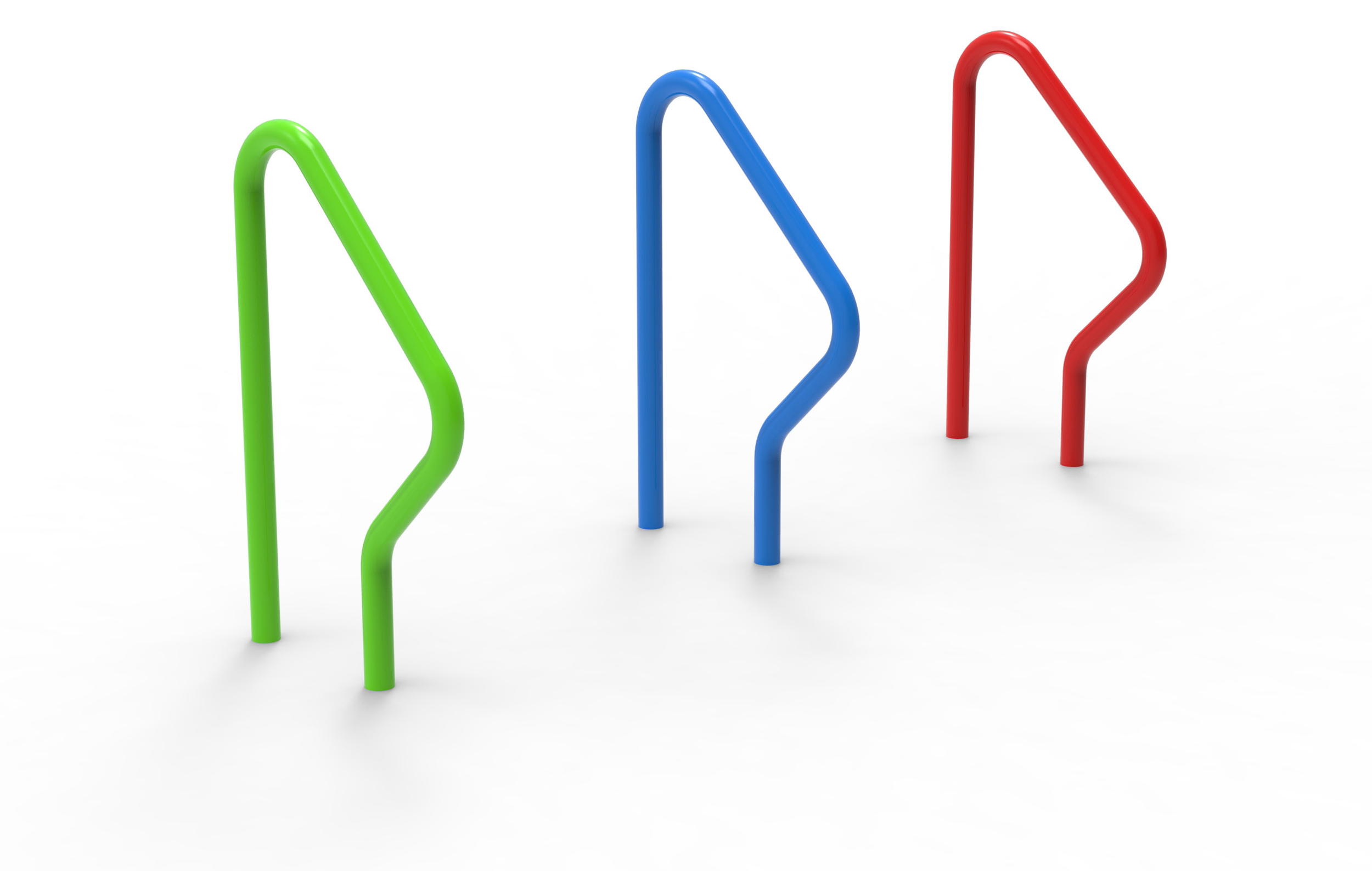 Colorful metal bike racks in green, blue, and red arranged in a row on a white background.