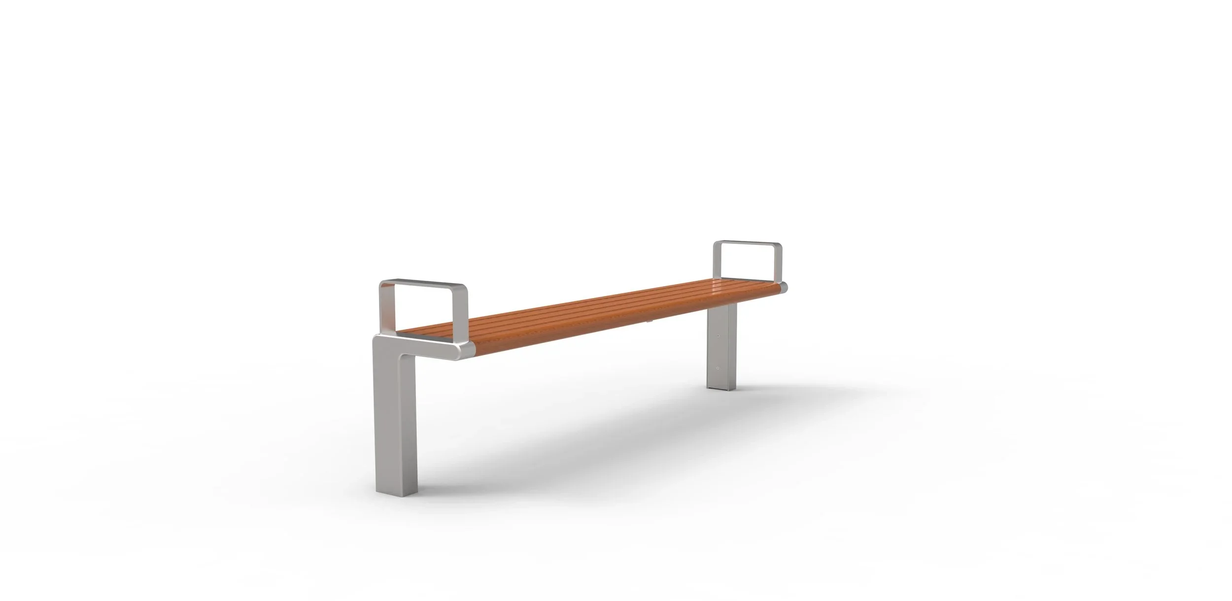 A modern park bench with a wooden seat and metal frame.