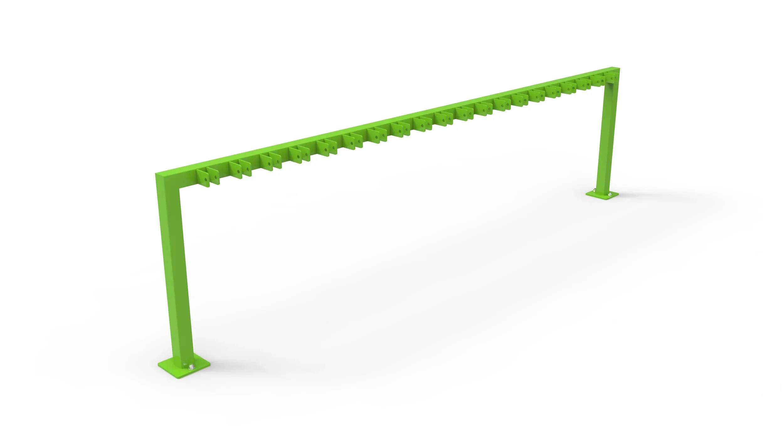 Green metal structure with multiple hooks or brackets, supported by two vertical posts on a white background.