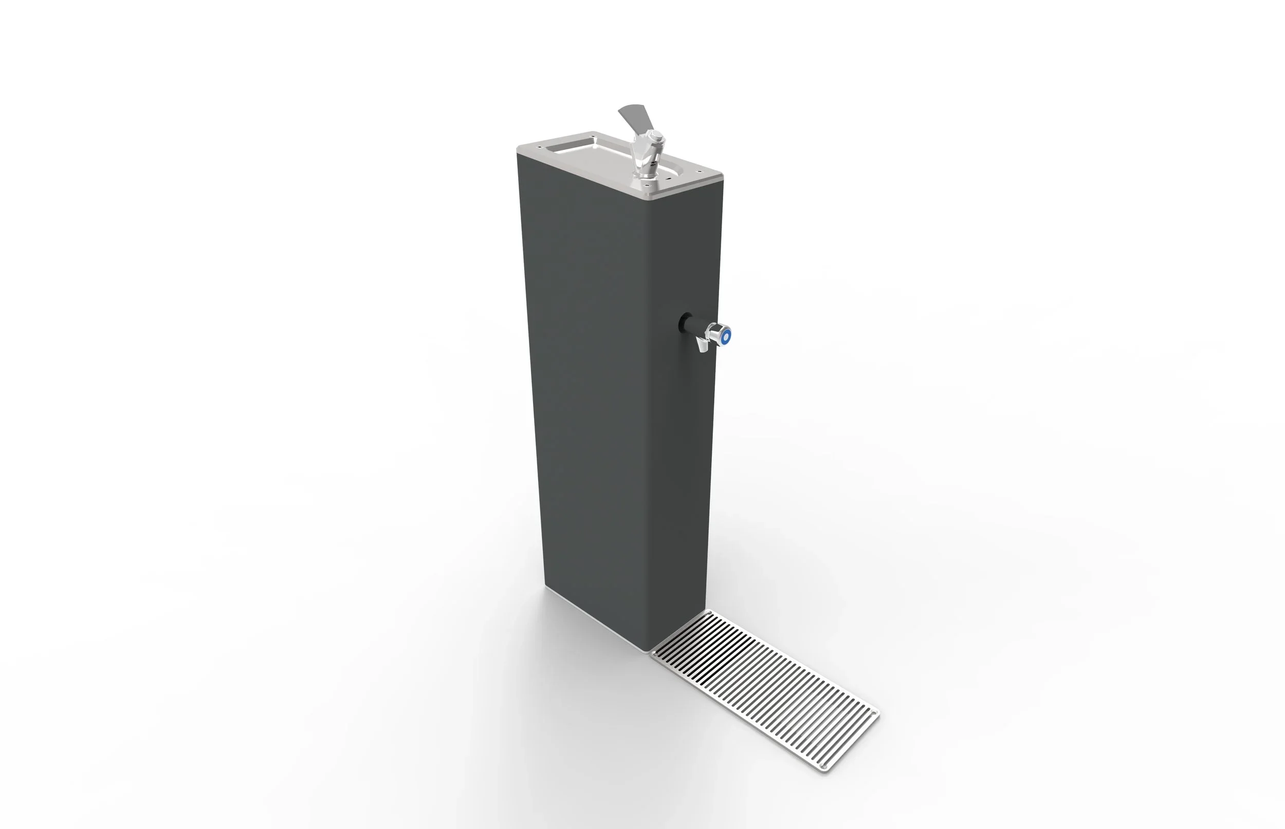 A modern soap or sanitizer dispenser with a foot pedal and a spout for hands-free use.