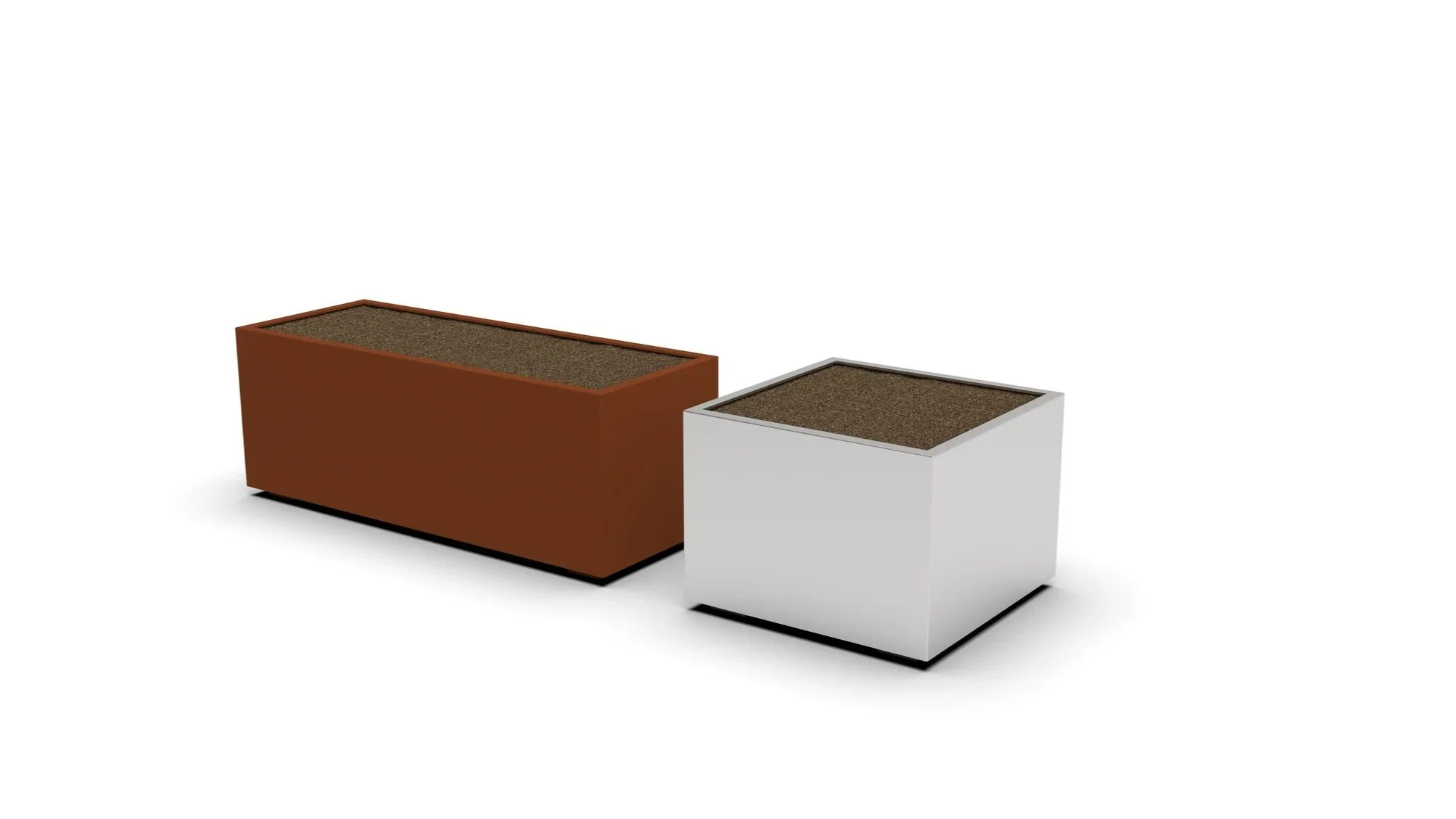 Two rectangular planters, one brown and one white, filled with soil, placed against a plain white background.