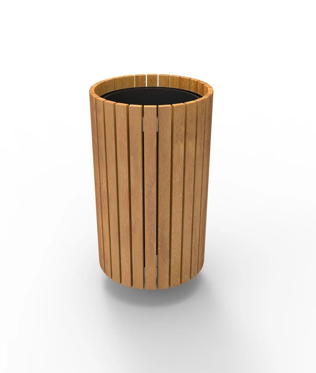 A tall, cylindrical outdoor rubbish bin can with vertical wooden slats and a black liner inside.