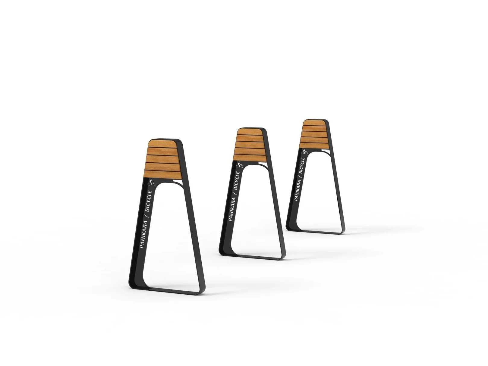 Three modern bicycle racks with wooden slats and black metal frames, arranged in a row against a white background.