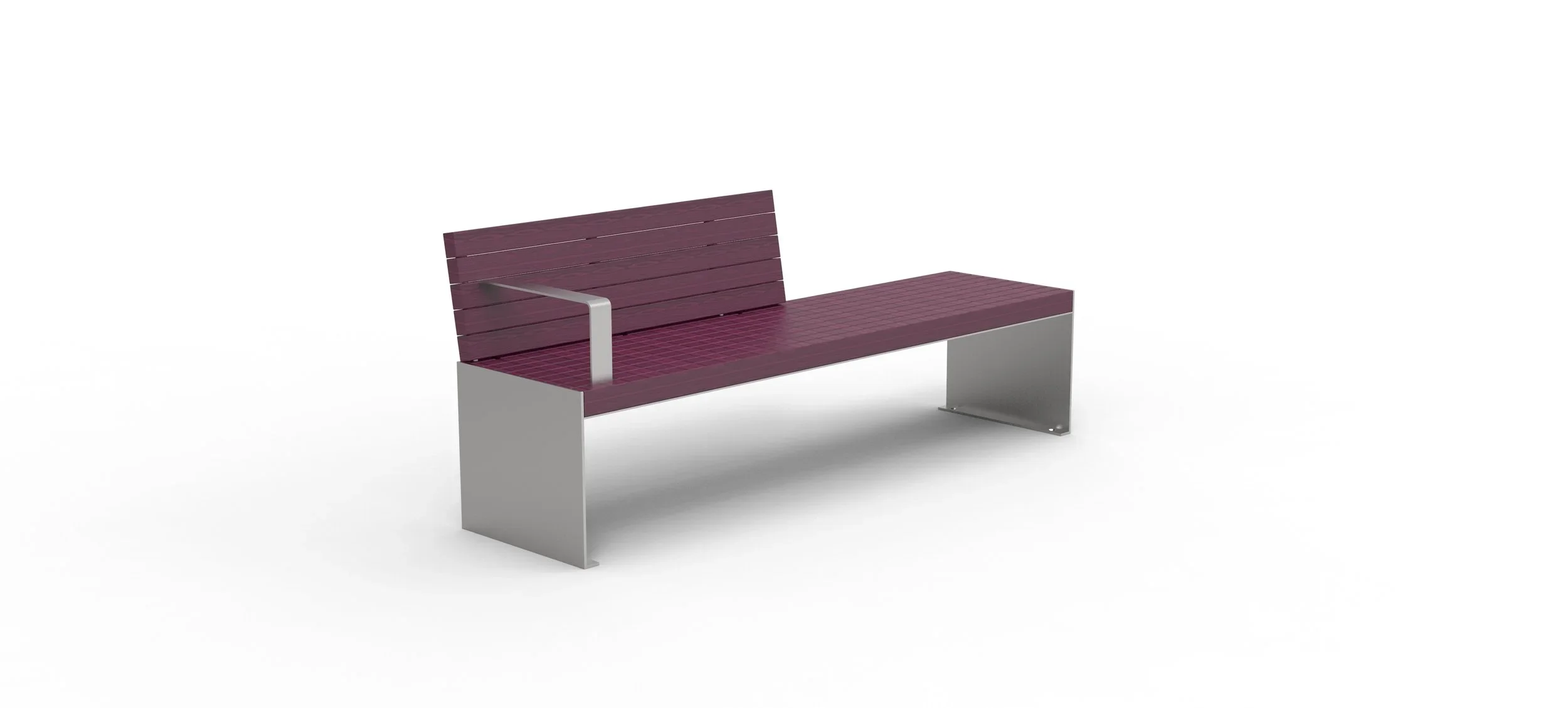 Modern park bench with wooden slats and metal supports, isolated on a white background.