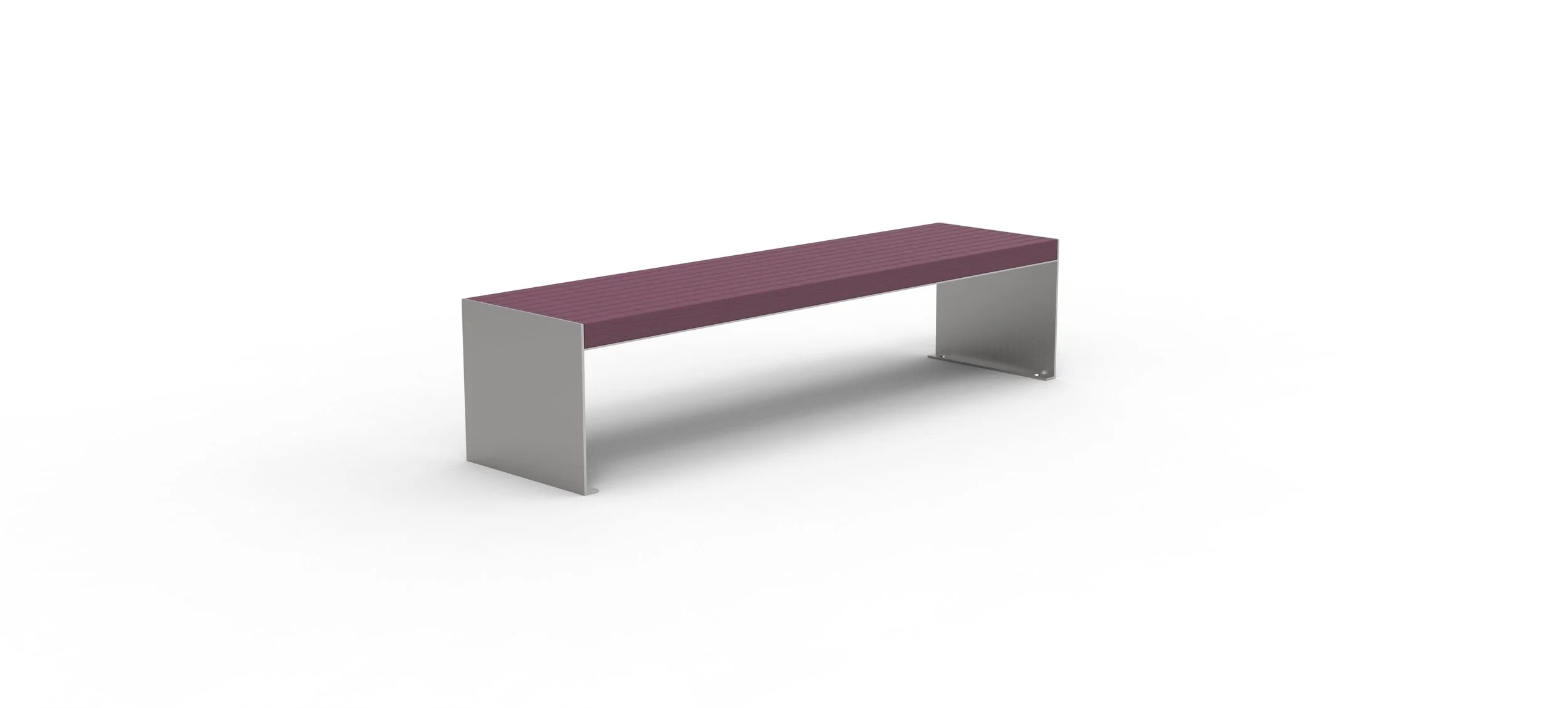 Modern bench with a maroon wooden seat and metal sides on a white background.