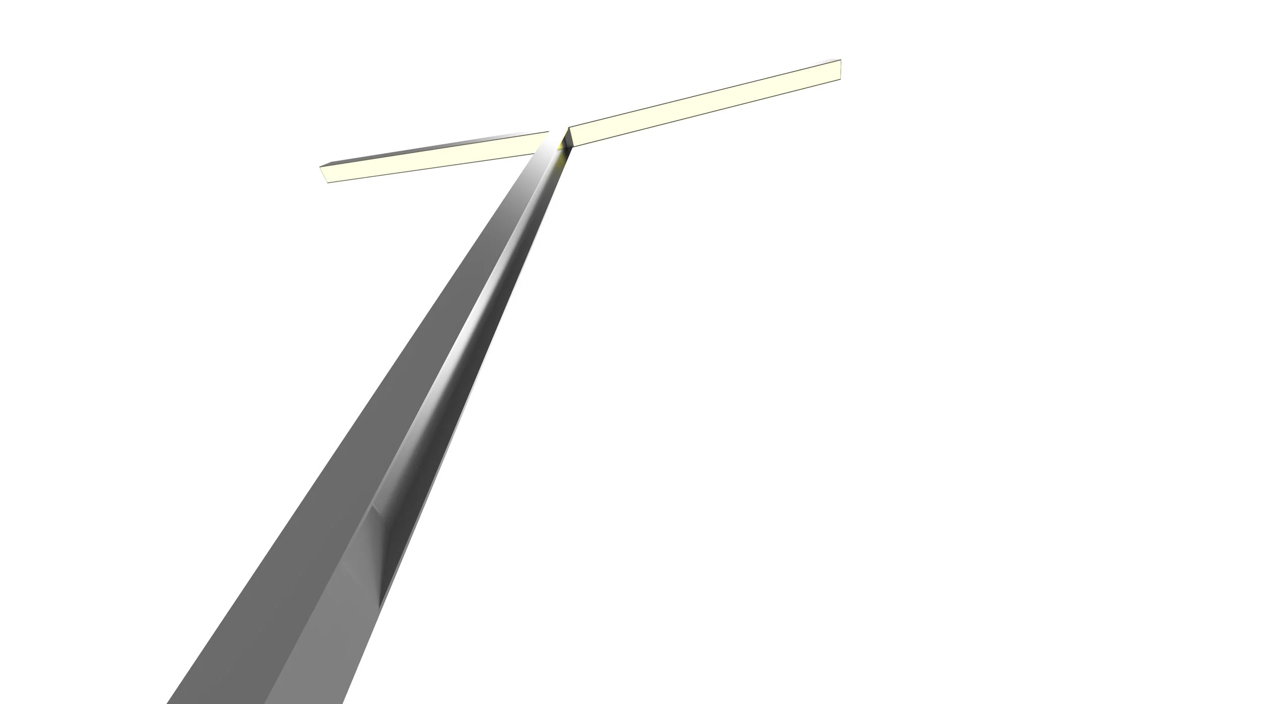 A tall, metallic structure with two horizontal white beams at the top, viewed from below against a white sky.