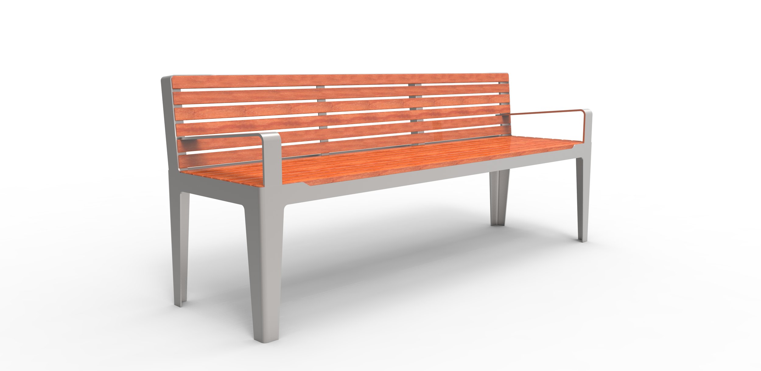 A modern outdoor bench with a backrest, made of wood and metal, on a plain white background.