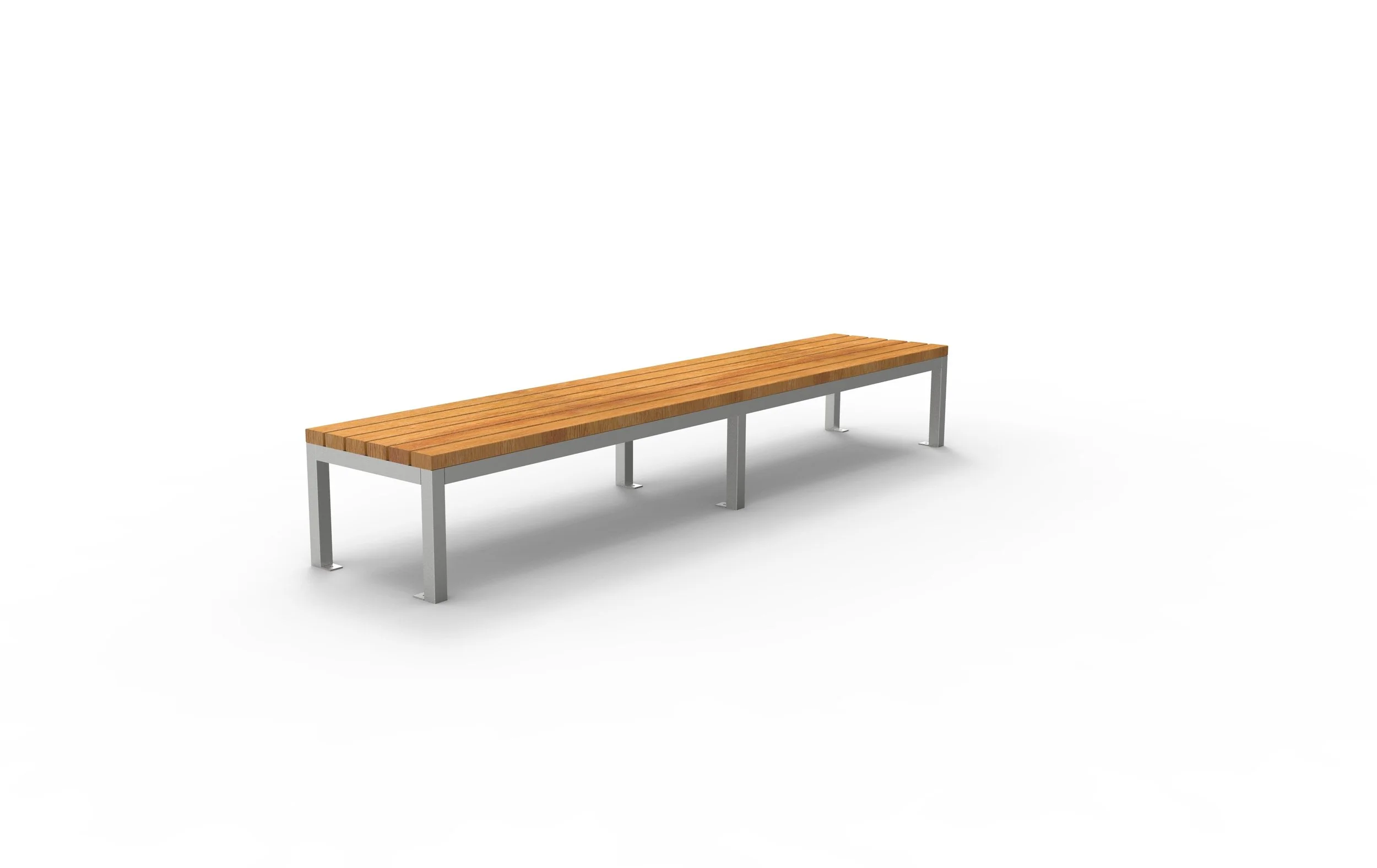 A long wooden bench with a metal frame on a white background.