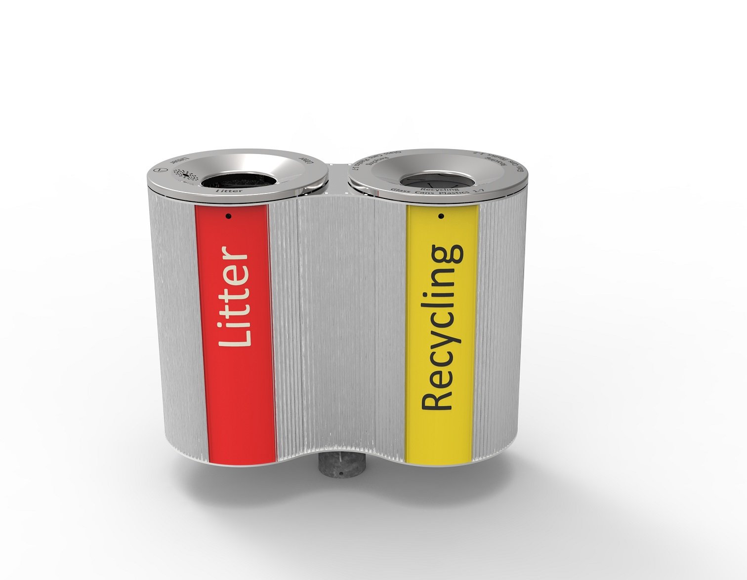 Dual recycling bin with labeled compartments for litter and recycling, featuring red and yellow color-coded labels.
